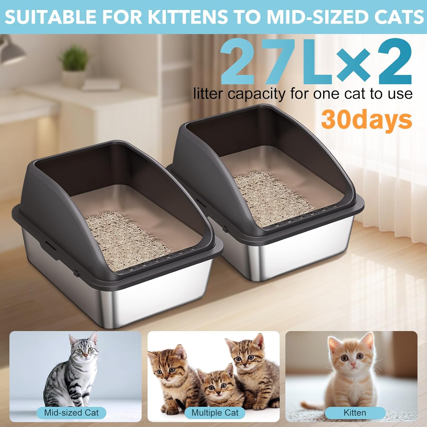 2PACK Stainless Steel Cat Litter Box,Large Litter Box with High Sides for Multiple Cats,Kittens,Metal Kitty Litter Boxes with Anti-Leak Lid,Non-Stick,Odorless,Easy to Clean,Scoop Included