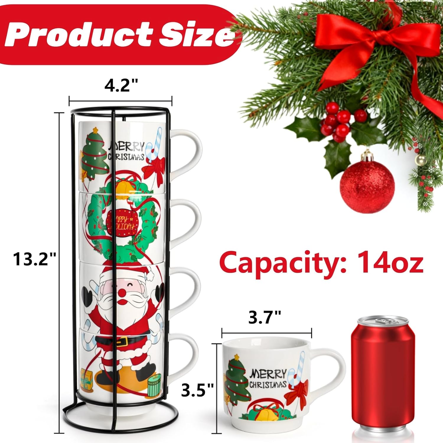 Peohud Set of 4 Christmas Coffee Mugs, 14 Oz Stackable Cappuccino Cups with Metal Stand, Porcelain Holiday Hot Cocoa Mugs Gift Set for Families, Friends, Latte, Americano, Milk, Beverages - Image 2