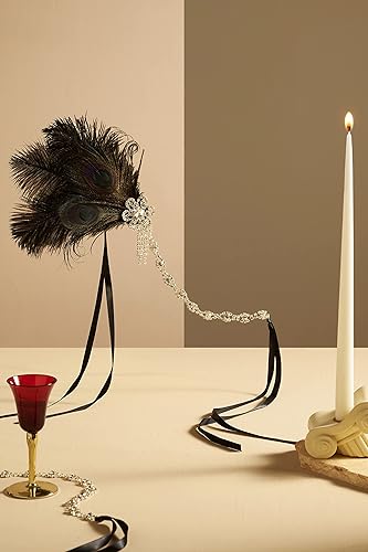 Miniatura 7 de BABEYOND - Diadema clásica estilo flapper de 1920 los locos años 20 Gran Gatsby banda con pluma de pavo real para el cabello