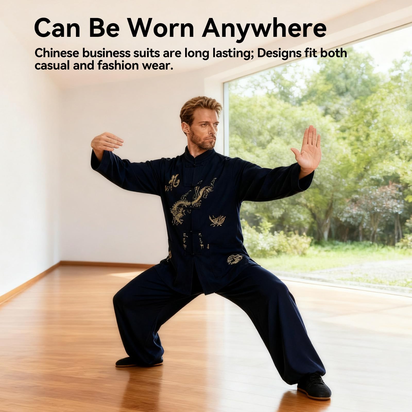 YUANZHOU Traje Chino Tai Chi Traje Tang Hombres Ropa Tradicional Hanfu Bordado Manga Superior Tops Y Pantalones Hebilla Cuello Alto Bordado,Black-42
