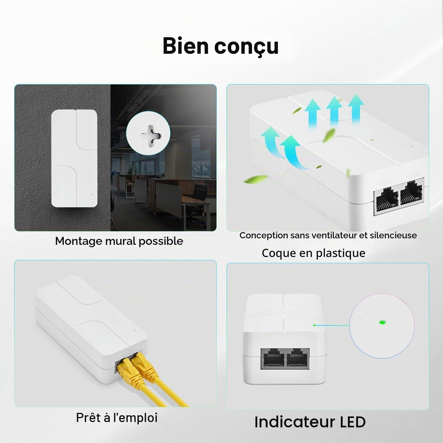 Injecteur PoE 2,5 Gigabit 60 W, Compatible IEEE 802.3af/at/BT, Adaptateur Power Over Ethernet Compact Blanc YuLinca, Plug and Play, Conception sans Ventilateur pour Montage Mural avec Voyant LED