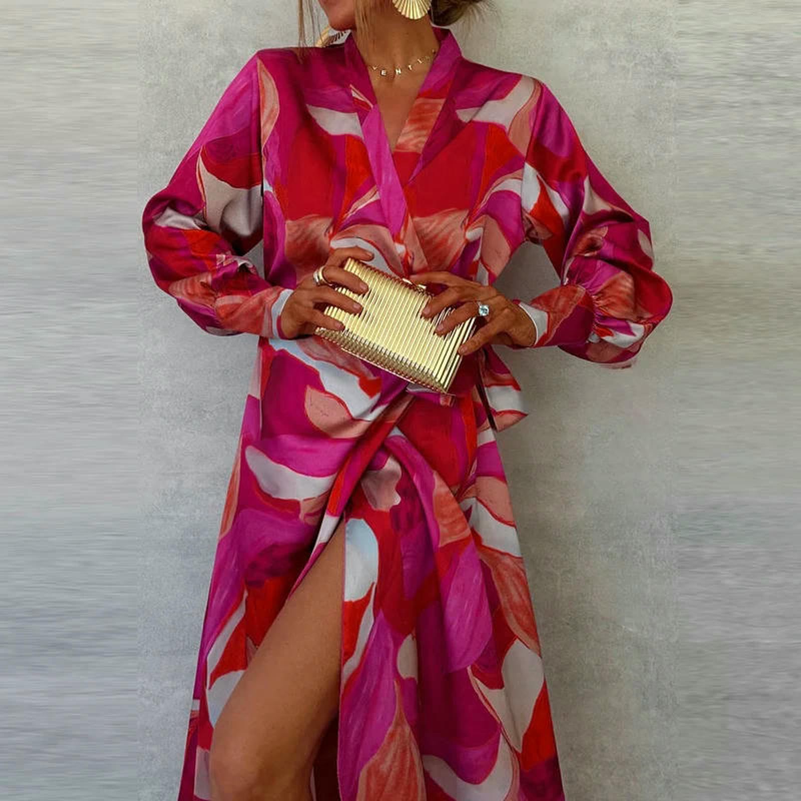 Vestiti a Maniche Lunghe Abito da Pizzo Stampato Donna, Elegante Diviso V, Ad Maxi Irregolare, Pendolarismo Elegante, Abbigliamento Donna Chic