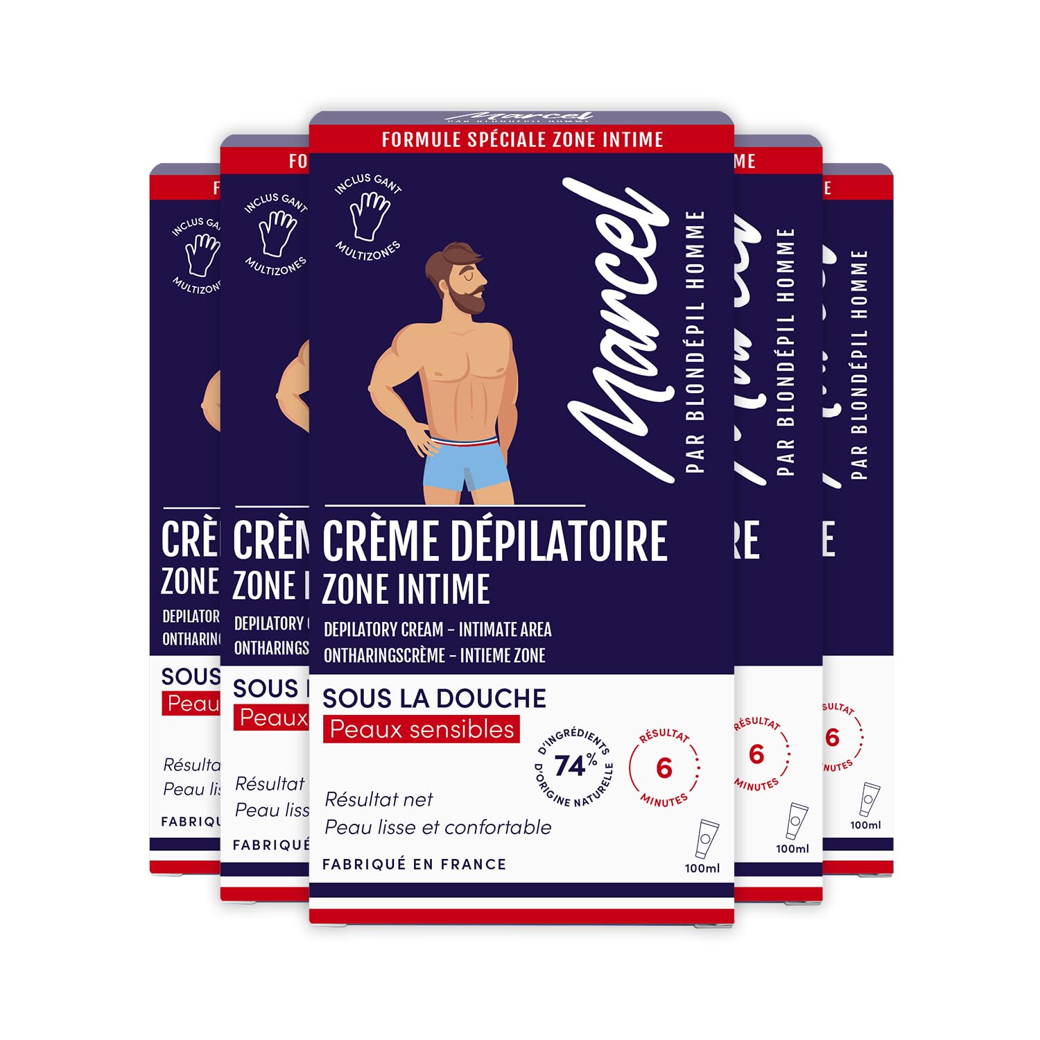 Marcel par Blondépil Homme - Lot de 5 (dont 1 offerte) - Creme depilatoire homme sous la douche, Zone Intime, Rapide et Efficace, Adaptée à tous les types de peaux, Made in France