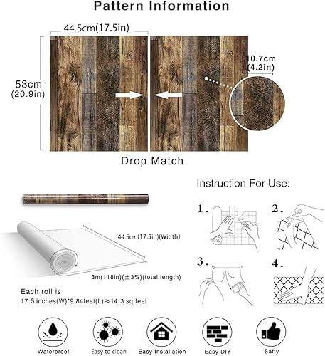Miniatura 4 de FlockenHome Papel tapiz autoadhesivo de 17.7 x 472 pulgadas con tablones de madera para decoración de pared de gabinetes, estantes, cajones