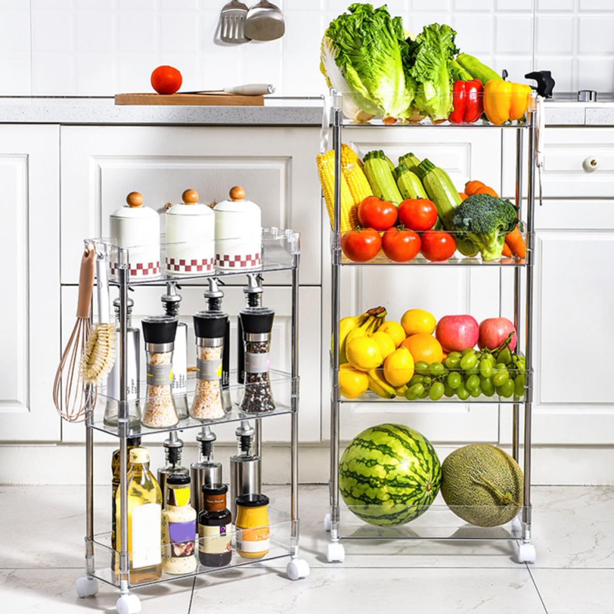 NUOBESTY Rolling cart organizer cucina a 3 livelli, PET trasparente, con ruote, scaffale salvaspazio per balcone