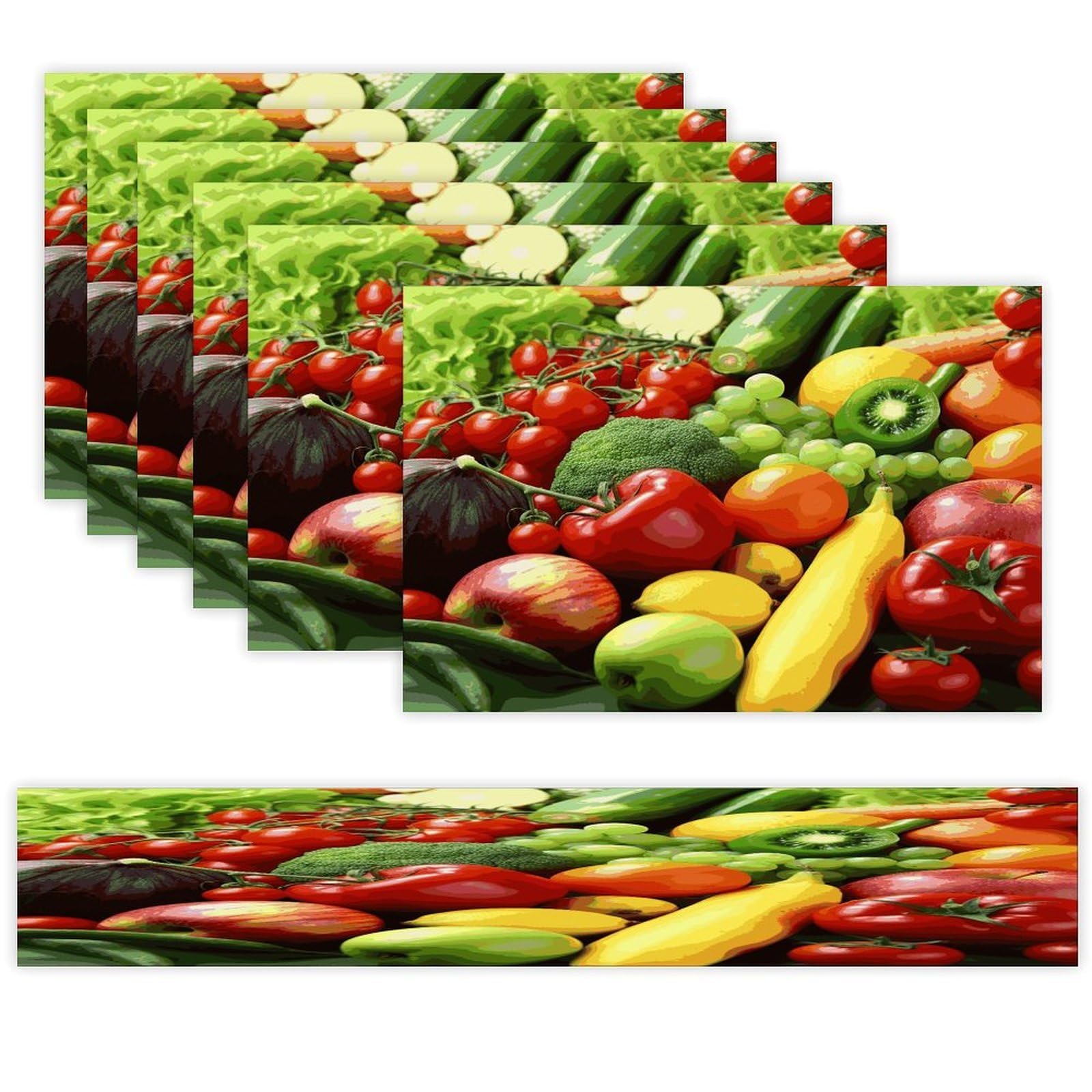 Fresh Vegetables Fruits Table Runner and Placemats Set of 6 Heat Resistant Washable Table Runners Dining Mat Sets Modern Cloth Place Mats Linen Table Decor for Kitchen Dining Room