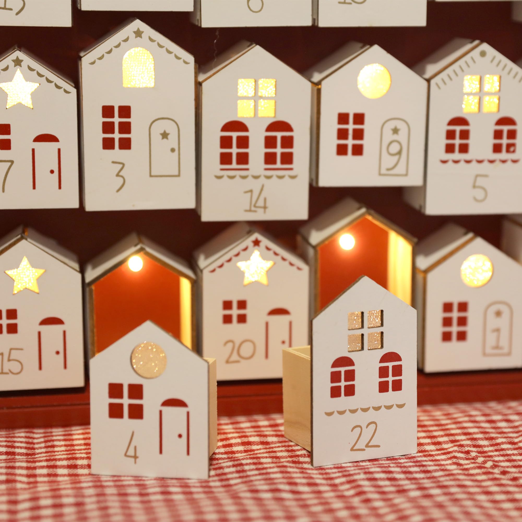 Adventskalender 2024 aus Holz mit LED-Lichtern, Weihnachts-Countdown-Kalender, Schubladen in Hausform für Kinder und Erwachsene, wiederverwendbare Urlaubsdekoration,