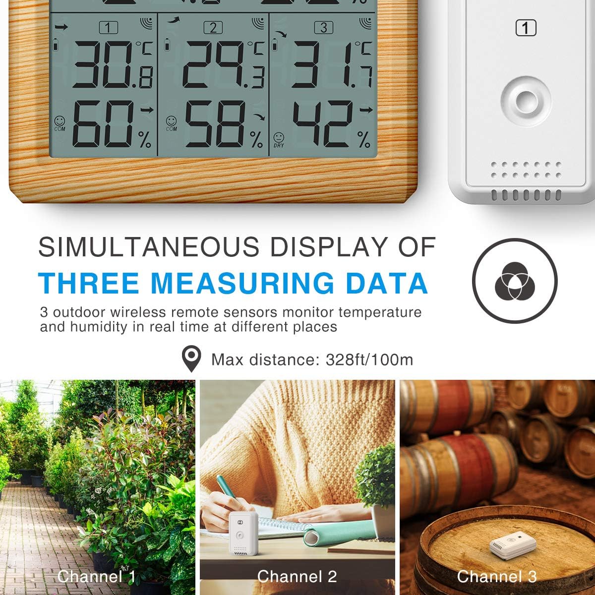 AMIR Indoor Outdoor Thermometer, 3 Channels Digital Hygrometer Thermometer with 3 Sensor, Humidity Monitor Wireless with LCD Display, Room Thermometer and Humidity Gauge for Home(Wooden Yellow)