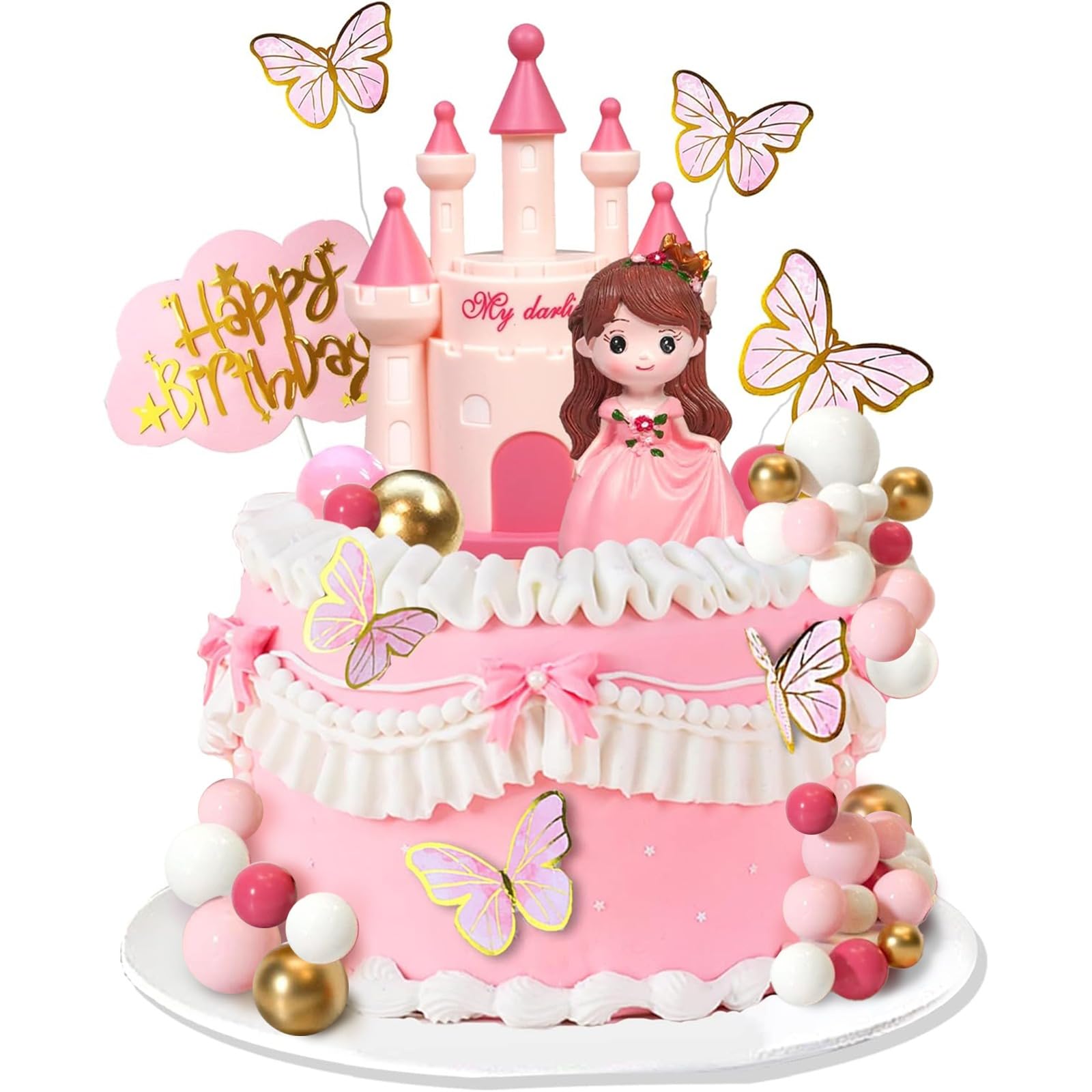 35 PCS Princess Cake Topper Castle Cake Decoration with Butterflies and Balls for Girl Birthday Party Decorations Princess Baby Shower Supplies, Kid DIY Cake Insert Topper Baking Decoration(Pink)