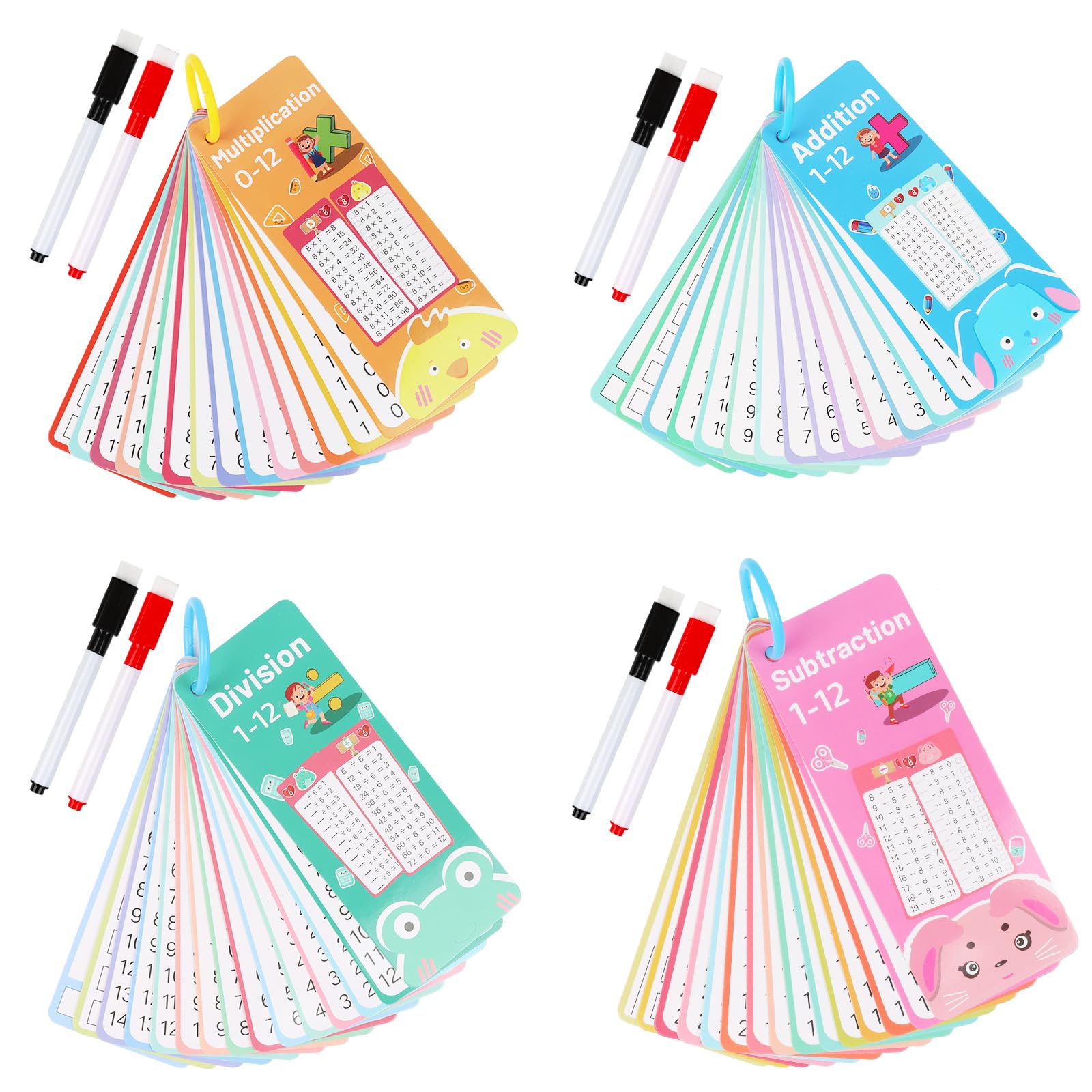 4 Pcs Times Tables Flash Cards, 1-12 Times Tables with Multiplication, Division, Addition, Subtraction, 8 Dry Erase Pens, Educational Math Flashcards for Kids