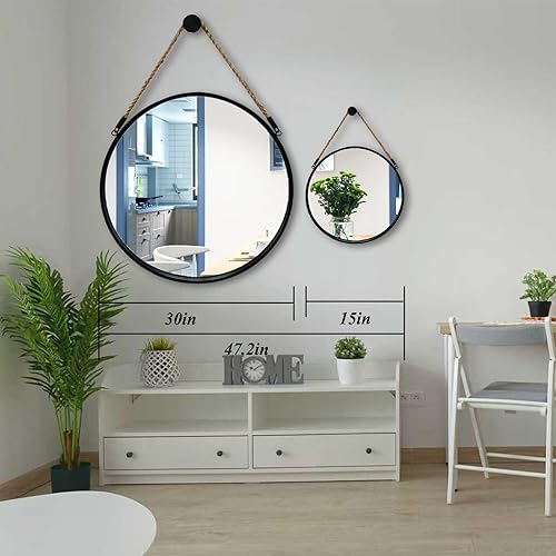 Miniatura 23 de POZINO Espejo redondo, espejo colgante de 24 pulgadas con cuerda, espejos de pared circular, marco negro, espejos de granja para baño, dormitorio