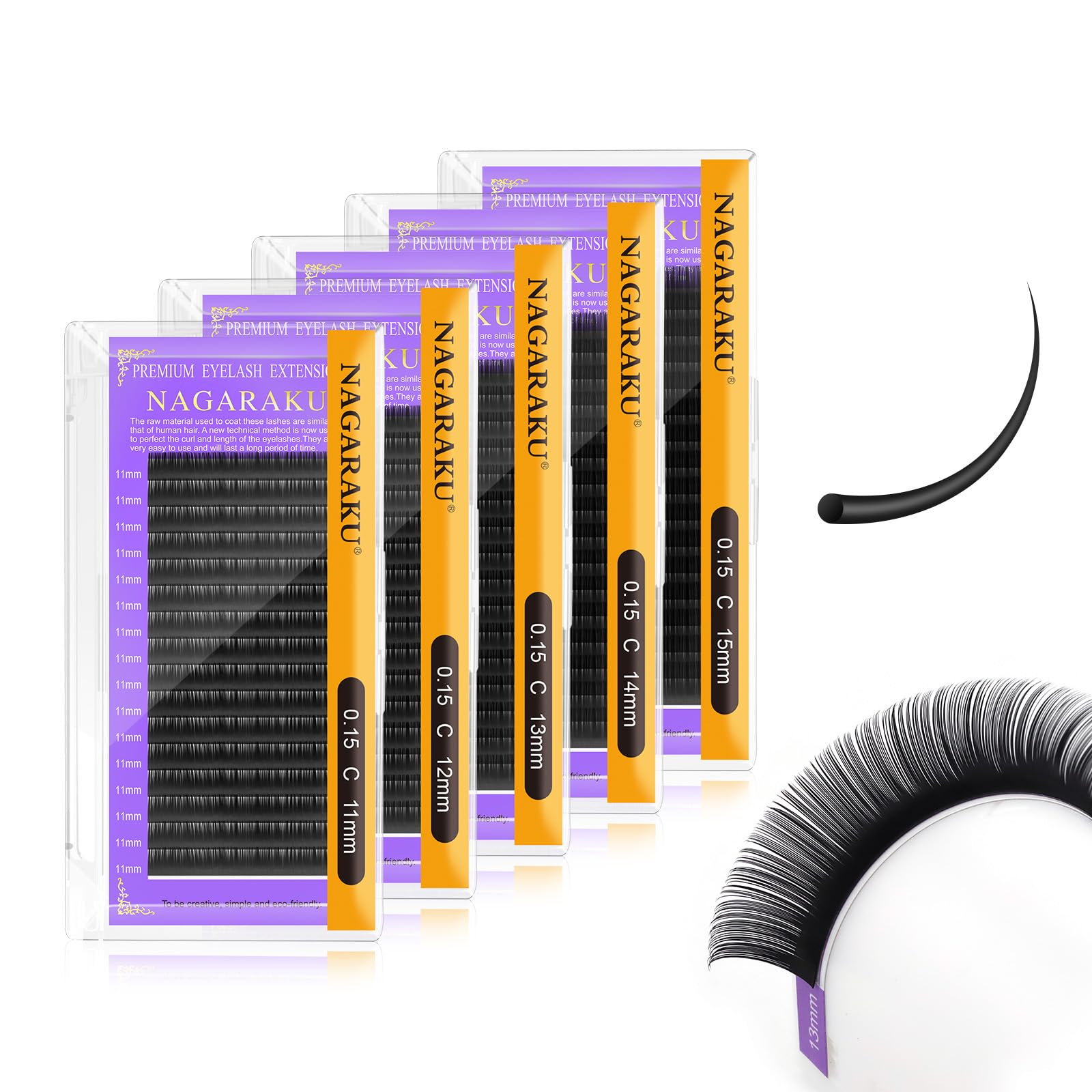 NAGARAKU 5 Trays Eyelash Extensions Individual Lashes 0.15mm C curl 11/12/13/14/15mm in 1 pack Classic Matte Black Natural Professional Faux Mink 16