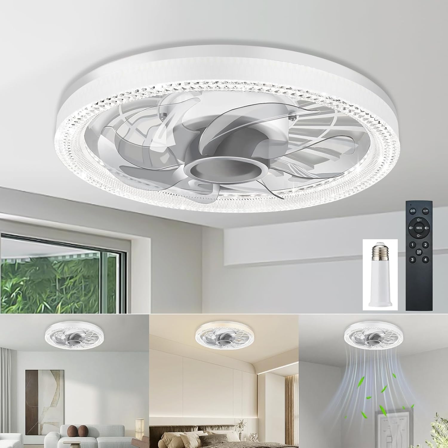 Ceiling Fan Light, 12-inch Socket Fan Light with Remote Control, 3 Colors (3000K-6500K) Dimmable LED Light Bulb, Screw-in Ceiling Fan for Bedroom, Kitchen, Storage Room, Closet, and RV.