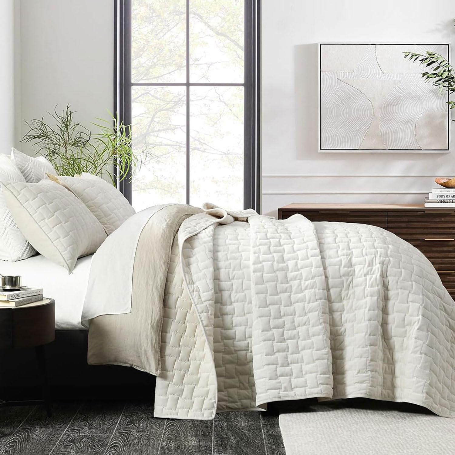 Grassix Velvet Quilt Set Queen Size, Luxury Geometric Design, Cream White