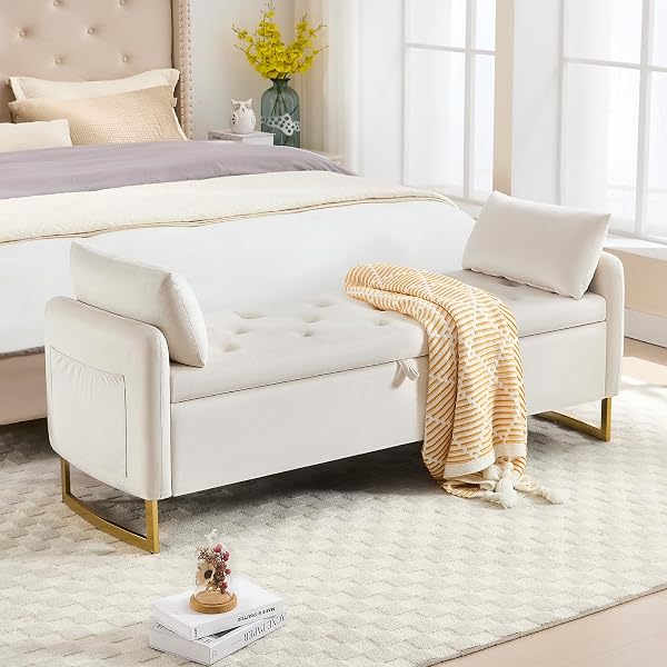 HOMYKA 65IN Storage Ottoman Bench, End of Bed Storage Bench with Tufted Upholstered and Gold Legs, Modern Bedroom Benche