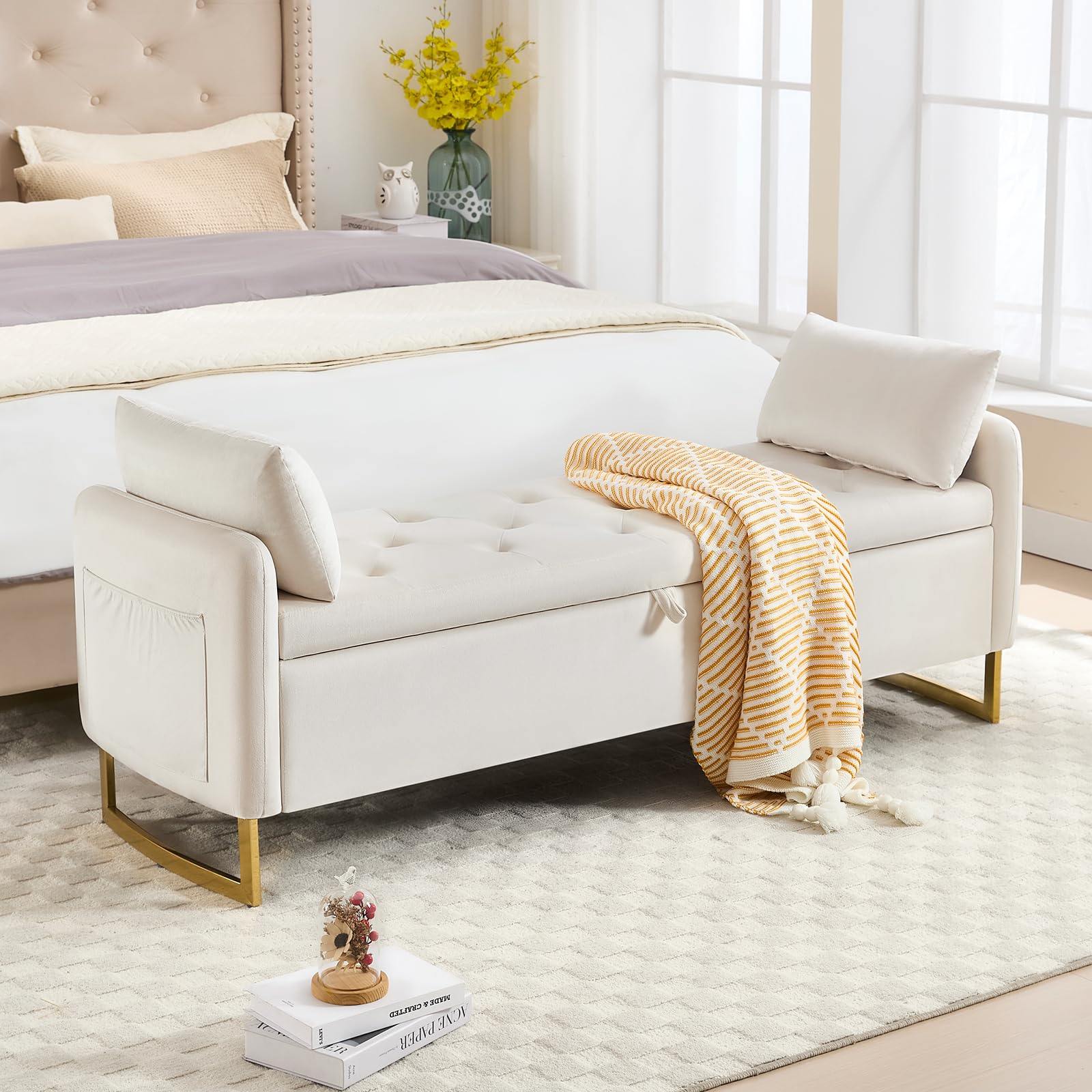 HOMYKA 65 inch Velvet Storage Bench Beige