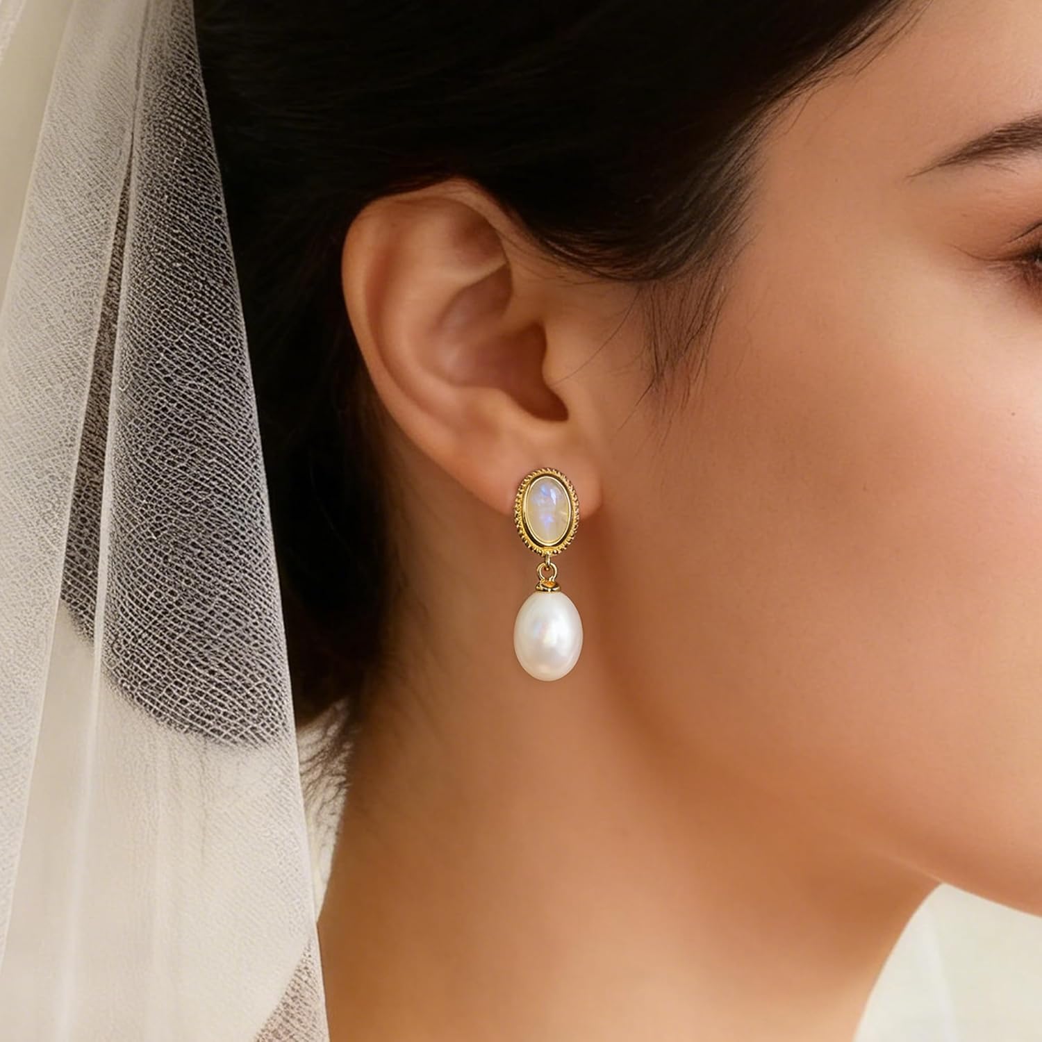 FarF&ME Pearl Gold Drop Earrings for Women,Real Freshwater White Pearl with 18K Gold Plated Opal Dangle | Hypoallergenic, Vintage Elegant Style for Wedding & Everyday. - Image 4