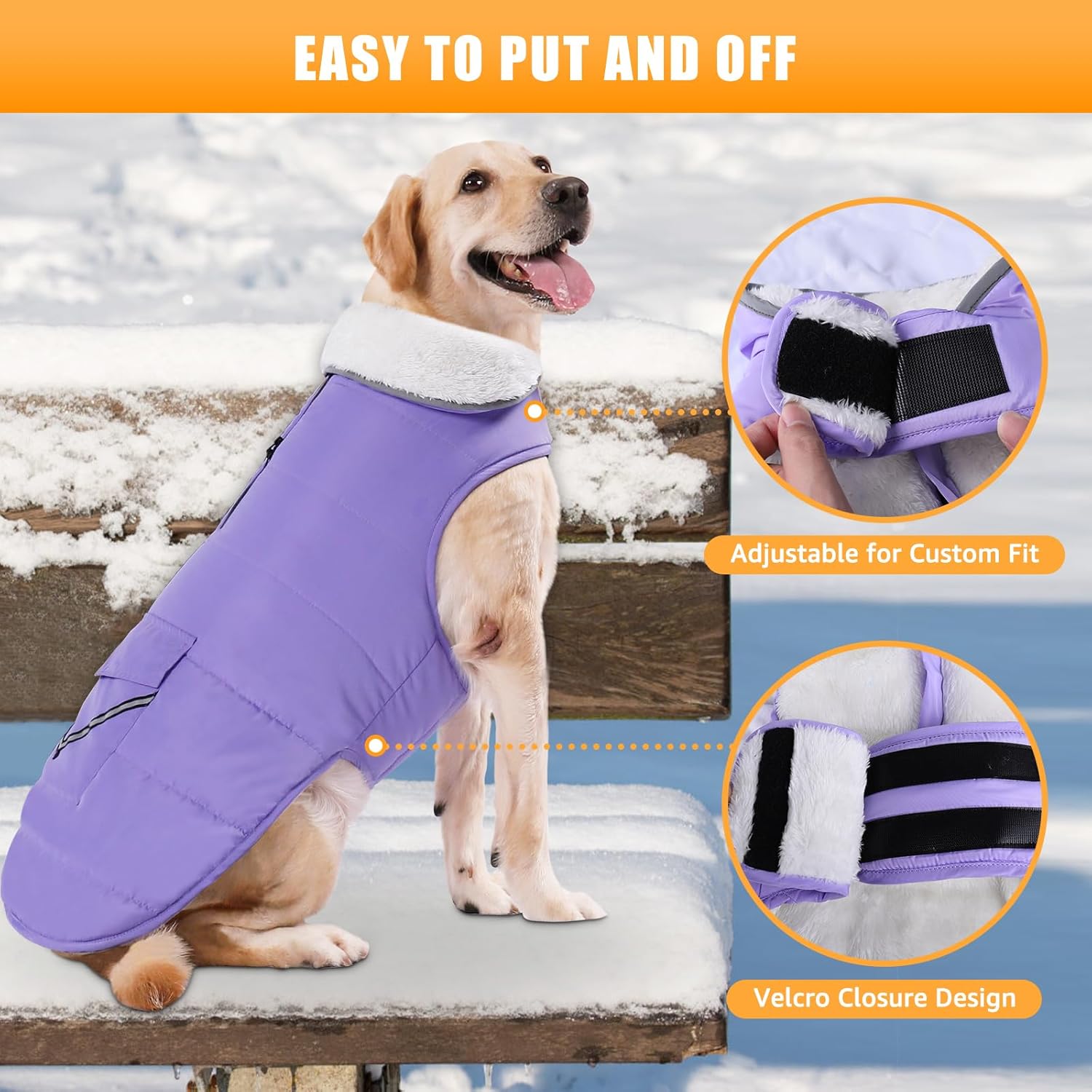 iBuddy Dog Winter Coat for X-Large Dogs, Easy on Dog Snow Fleece Coat Velcro Waterproof Pet Puffer Jacket with Harness Hole Adjustable Reflective Quilted Pet Cold Weather Vest for Girl Female