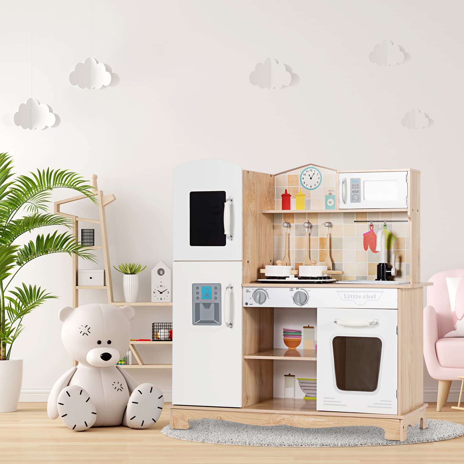 RELAX4LIFE Cucina Giocattolo in Legno per Bambini, Mini Cucina con Utensili da Cucina, Suoni e Luci Realistici, Giocattolo Educativo per Bambini 3+ Anni