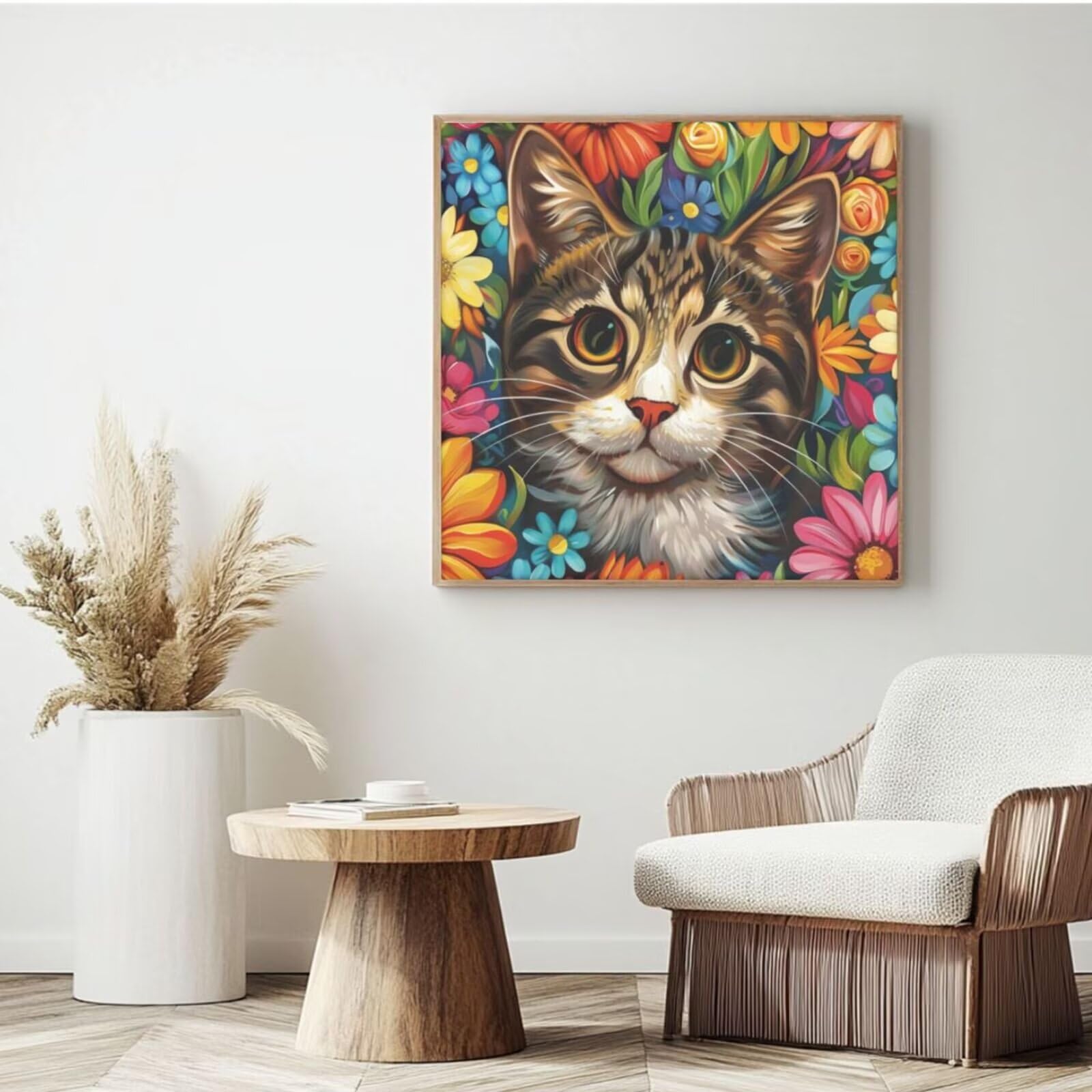 Malen nach Zahlen für Erwachsene, Blume, Katze, Malen nach Zahlen für Anfänger, Acryl-Peinture a Numero mit 6 Pinseln, DIY-Ölgemälde, Kunsthandwerk für Wanddekoration – (65 x 65 cm, rahmenlos) MK196