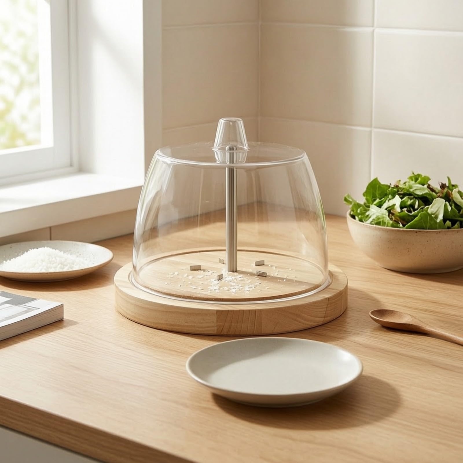 Klassischer Käsehobel aus Und Rostfreiem mit Zentraler Metallspindel Zum Schneiden von Parmesan Und Bergkäse mit Klarer Abdeckung für Kochshows Und Präsentationen