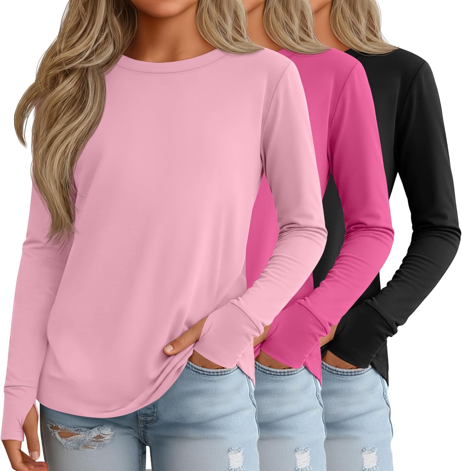 3 Pack Girls' Long Sleeve Shirts with Thumb Holes Cotton Crew Neck Layering Tees Casual Basic Soft Tops 5-14Y