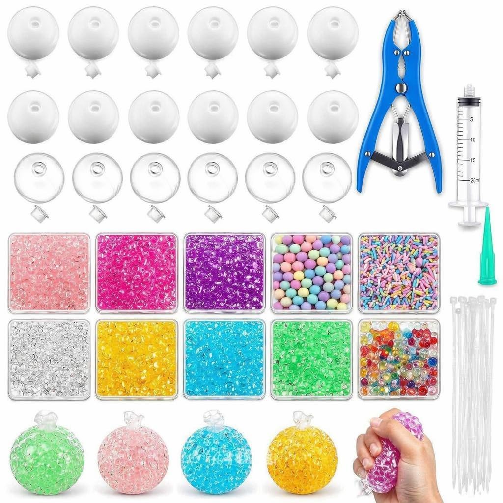 DIY Stress Ball Making Kit, Food Grade Empty Stress Ball Skins with Filling Beads and Tools, Complete Squishy Maker Kit for Teens Adults, 18 soft TPR balls 6cm for Sensory Play (10 types of fillers)