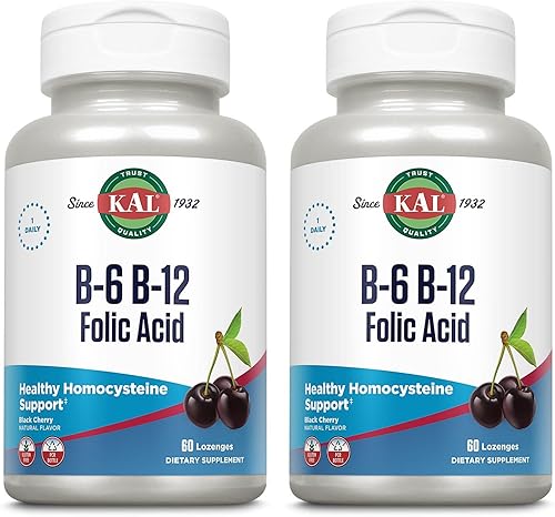 KAL Pastilla de ácido fólico B-6, B-12, 50 mg400 mcg400 mcg, 60 unidades Paquete de 2