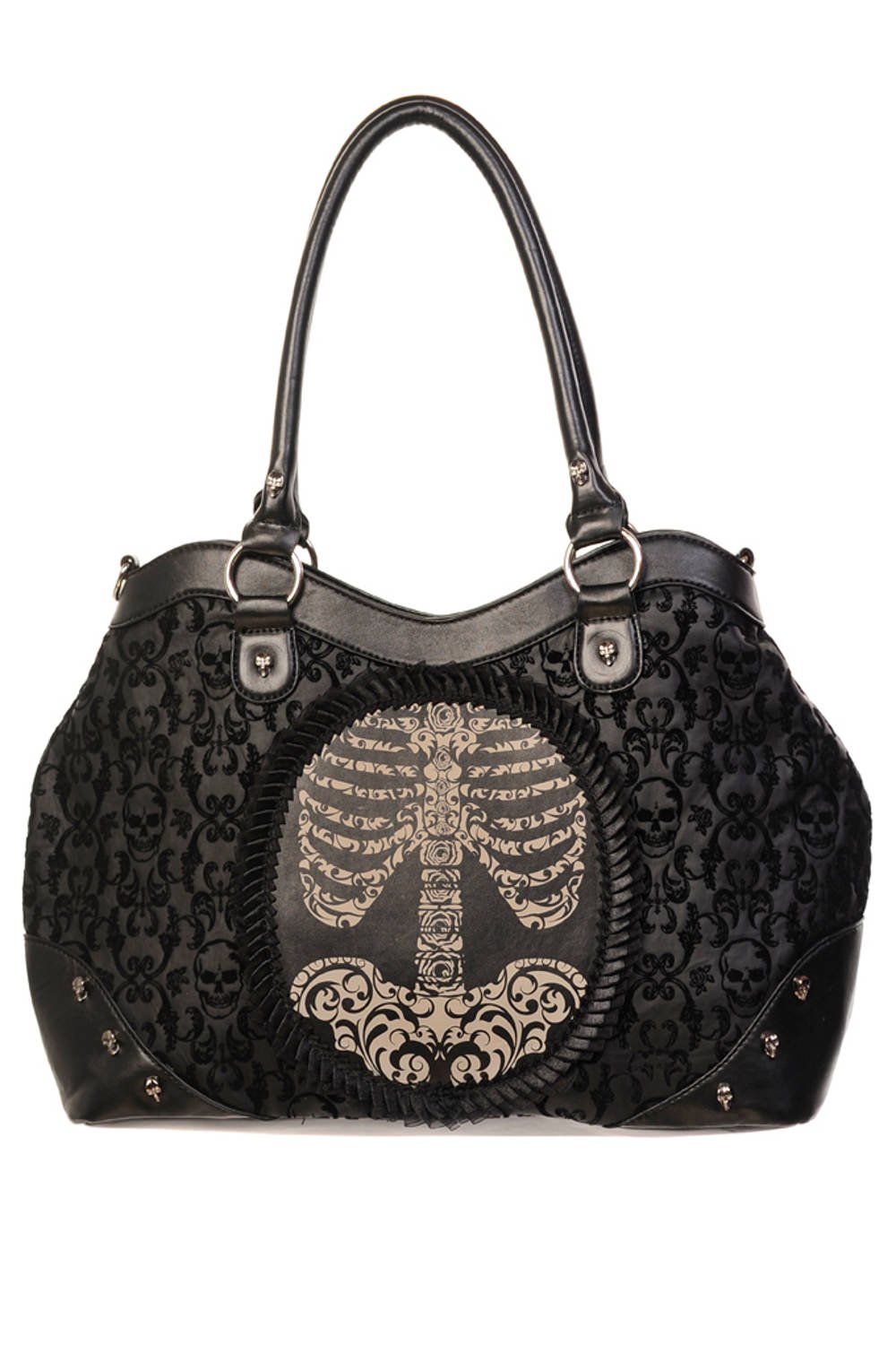 Banned Black Flocked Cameo Ribcage Handbag