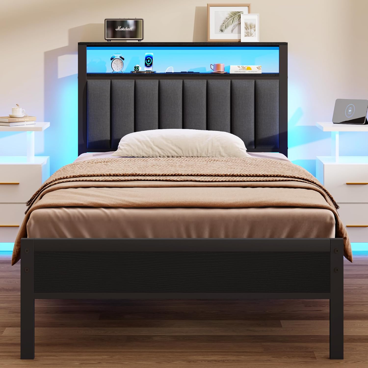 furnulem twin size bed frame with charging station and led lights, platform bed with metal slats, grey upholstered headboard with 2-tier storage shelves, no box spring needed twin upholstered