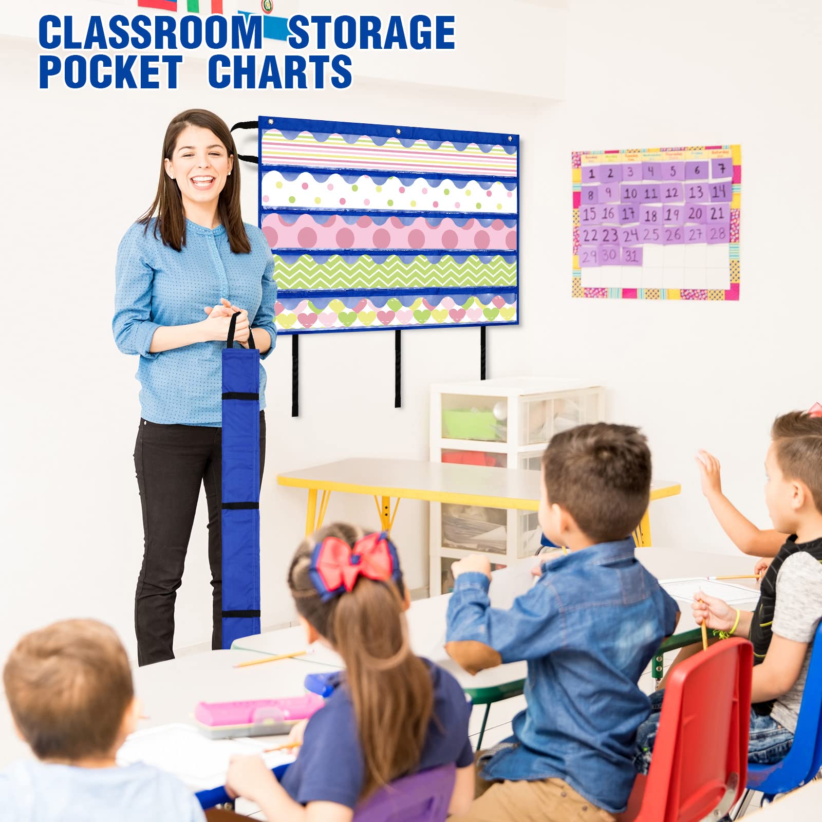 Crtiin Faltbare Pinnwandbordüre Mit Aufbewahrungstaschen, 104 X 61 Cm – Klassenzimmer-Organizer Für Dekorationen (Blau)