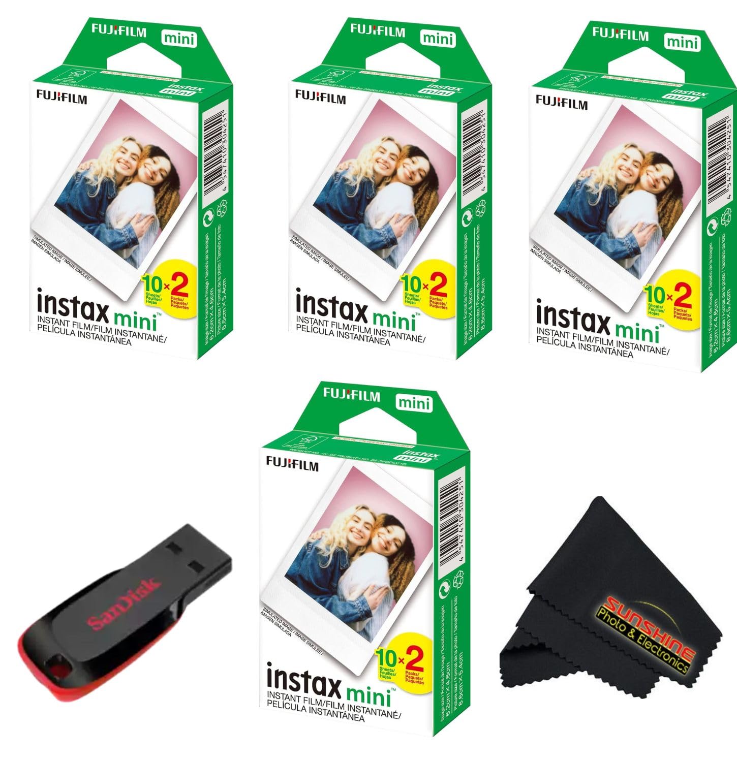 Fujifilm Instax mini Instant Daylight Film (Twin Packs + 32 GB USB Flash Drive) with Sunshine Photo Microfiber Cleaning Cloth... (4 Twin Packs + 32 GB USB Drive)