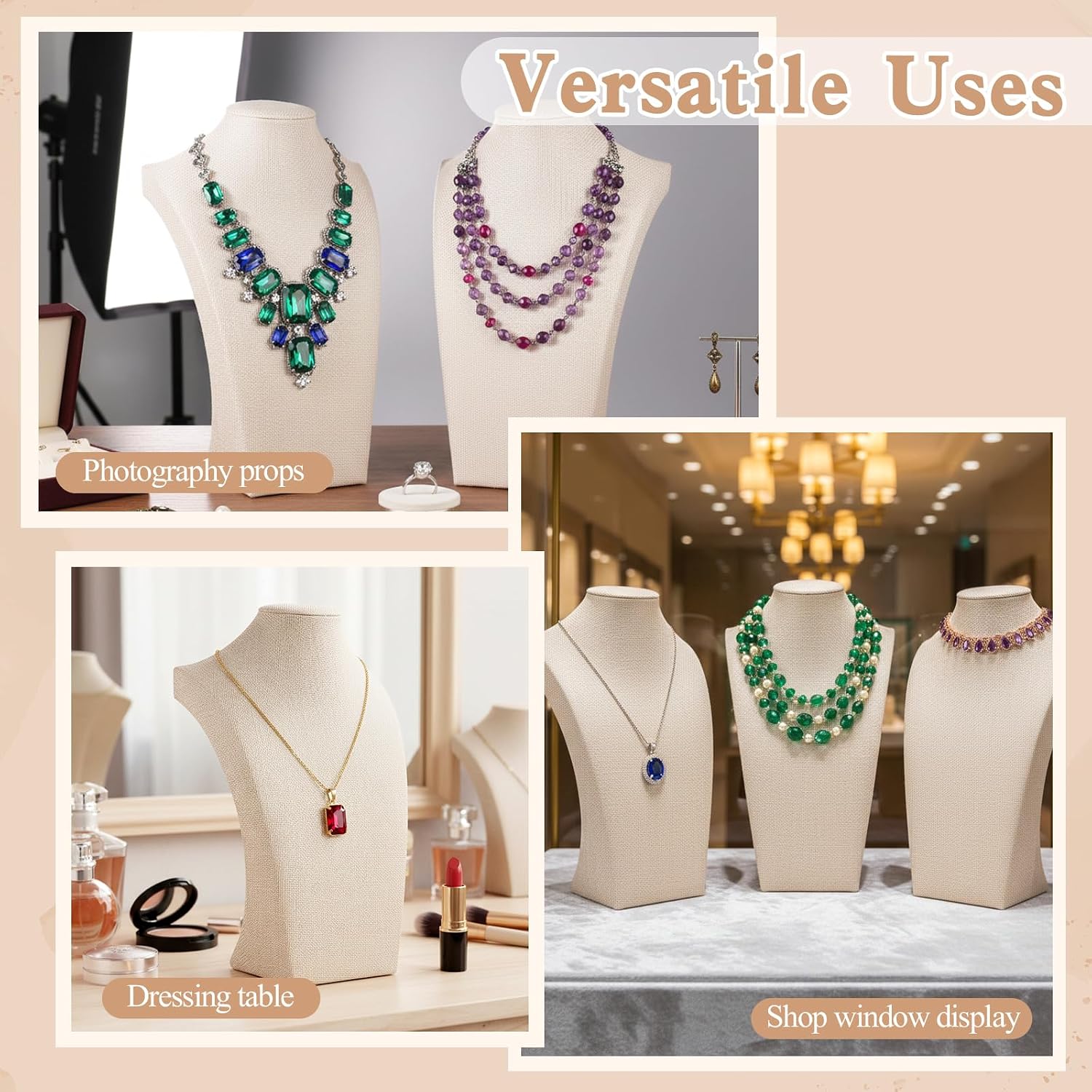Linen Jewelry Display Bust Necklace Display Stand Jewelry Necklace Organizer Rack Necklaces Mannequin Holder Jewelrys Bust Displays Stands for Selling Home Store Trade Shows Photography Props Retail
