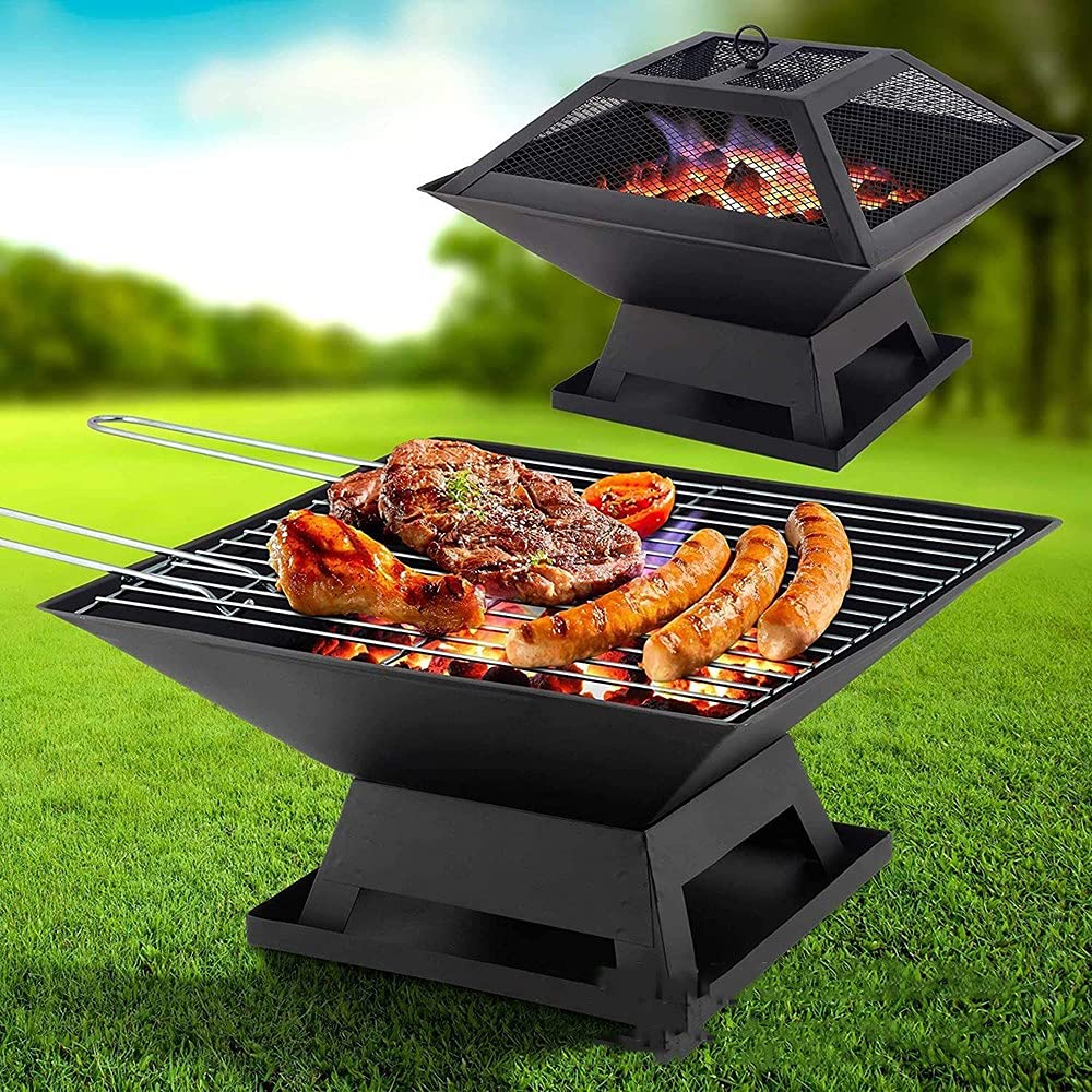Brasero Multifuncional, Cuenco de Fuego Al Aire Libre, Cuadrado con Cubierta de Pantalla de Chispa de Acero para Patio Trasero, Jardín, Patio, Hoguera, Calefacción, Camping Y Barbacoa