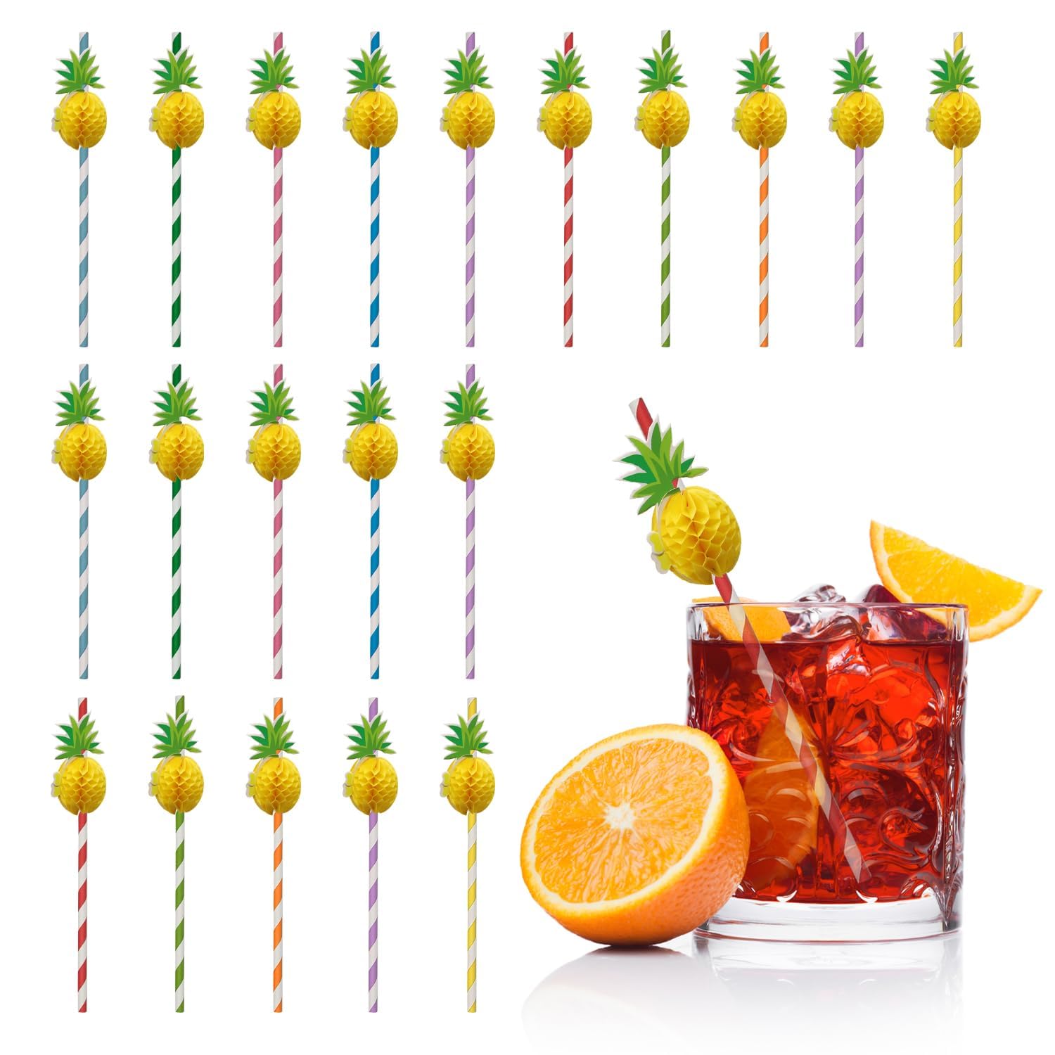 50 Pieces 3D Fruit Paper Straws Biodegradable Party Straws Flamingo Paper Straws Pineapple Cocktail Recyclable Tropical Drinking Straws for Summer Hawaiian Luau Tableware Decoration (Random Color)