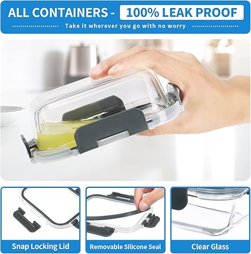 Miniatura 4 de Recipientes de vidrio para almacenamiento de alimentos con tapas herméticas, paquete de 9 recipientes rectangulares de vidrio para preparación de