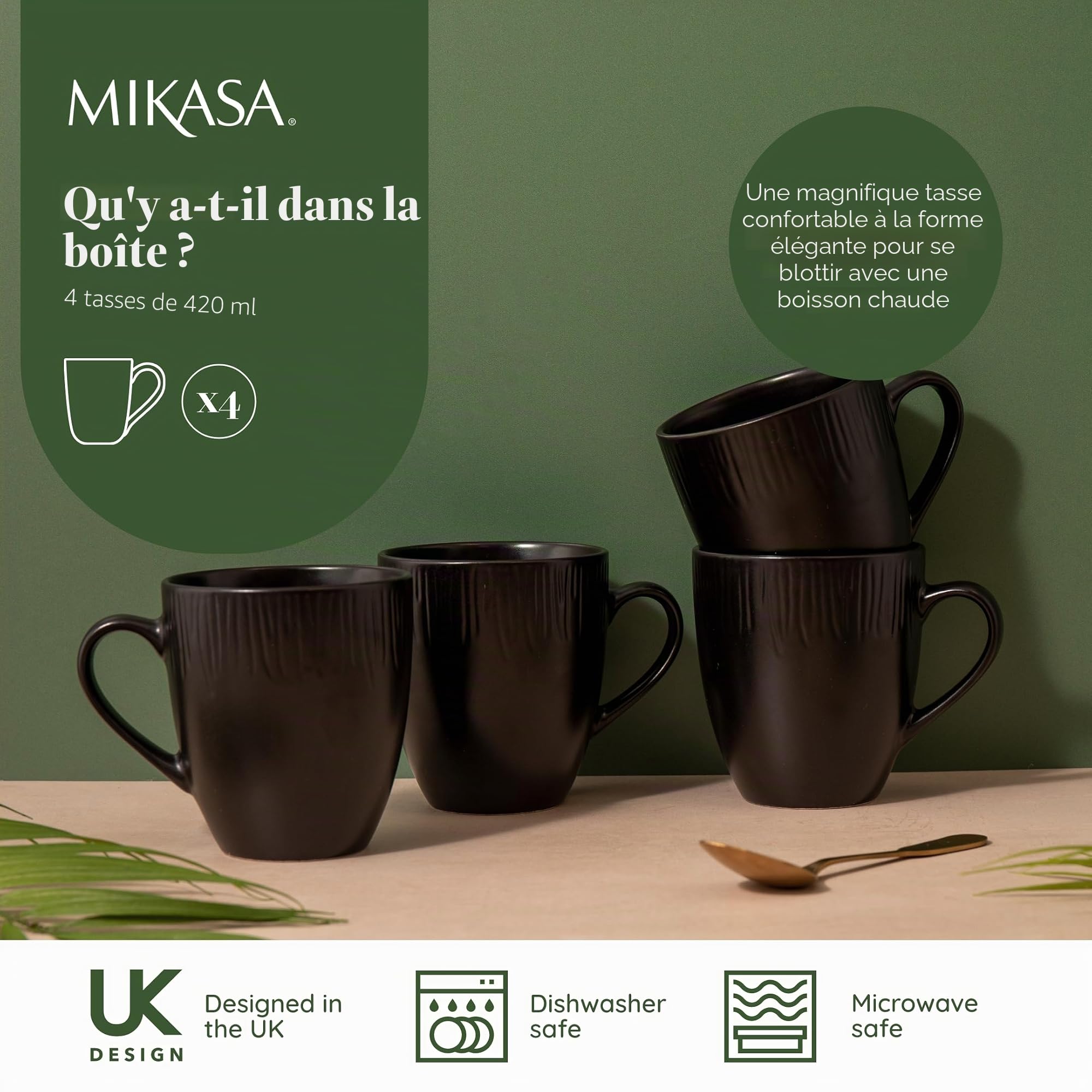 Mikasa Jardin Midnight Set de 4 tasses, noir, Set de 4 tasses, 420ml Tasses en grès pour le thé et le café - Emballage cadeau et lavable au lave-vaisselle