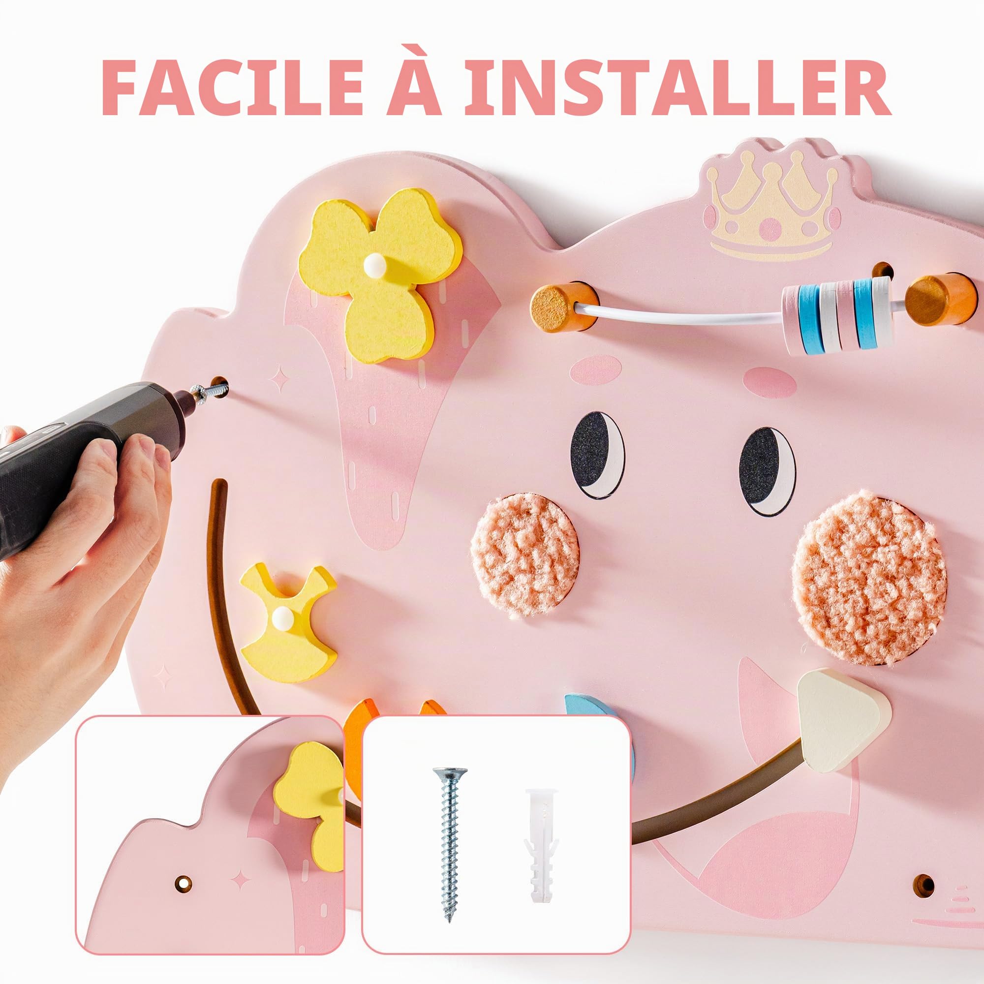 ROBUD Montessori Planche de motricité en Bois - 11 en 1 - Jouet Mural pour Enfants à partir de 18 Mois - Jouet Montessori pour bébé avec Xylophone, Tambour, Miroir et pièces pivotantes - Rose