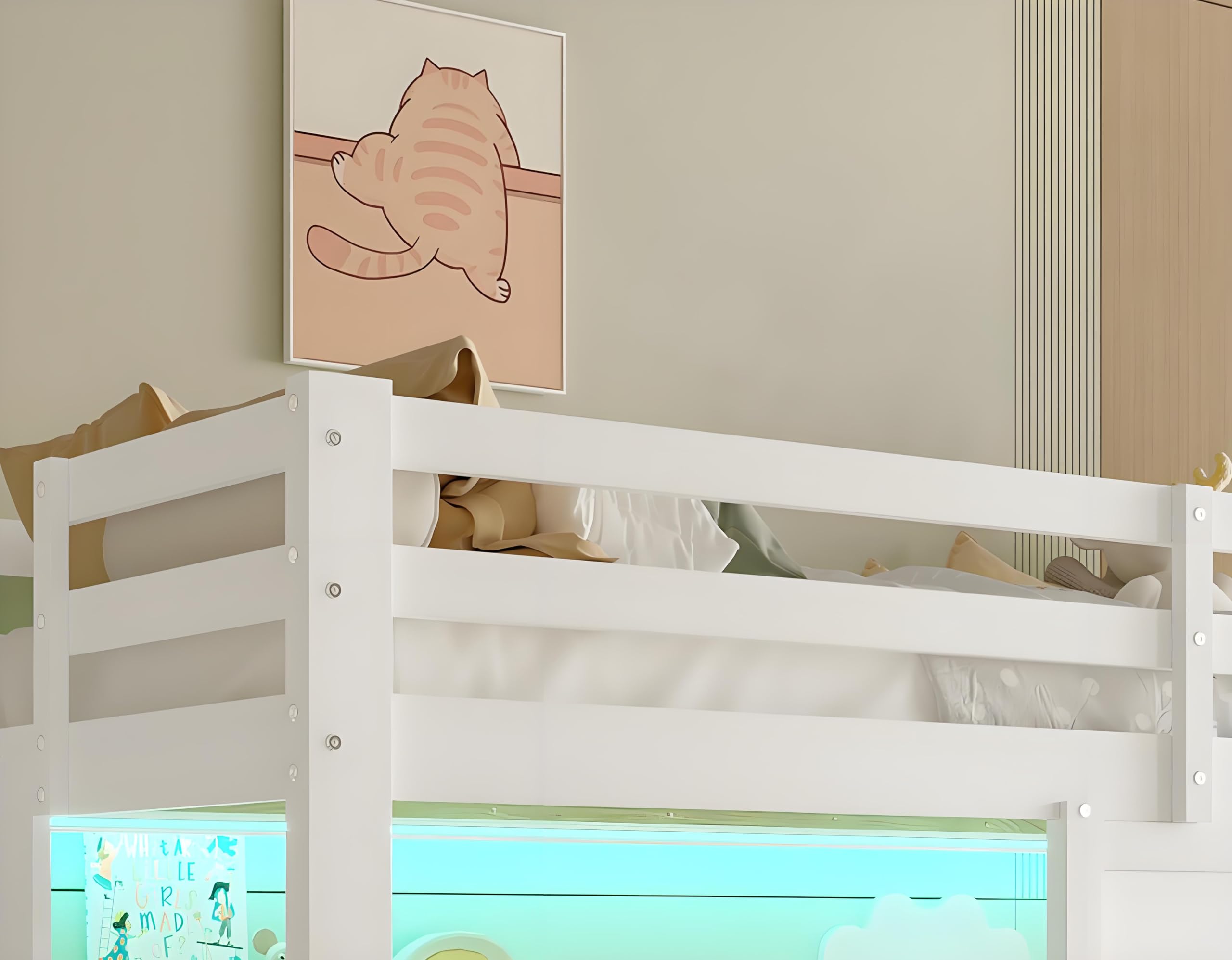 Hochbett 90x200, Kinderbett mit Stauraum Treppe und Fenster, Kinderhochbett mit LED-Beleuchtung, Stabiles Holzgestell, Verspieltes Design, Weiß
