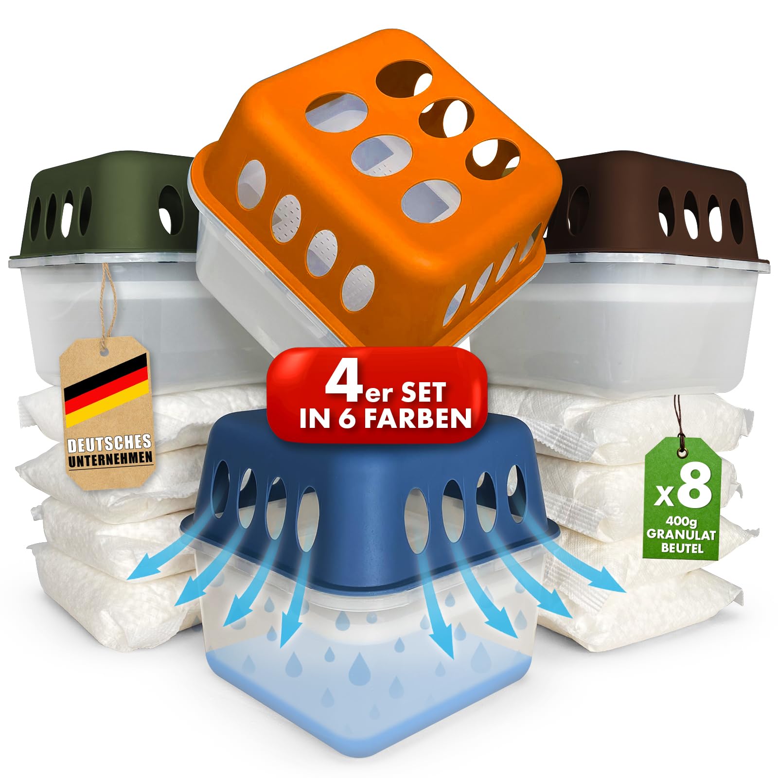 KARAT 4 x Luftentfeuchter mit 8 x 400g Nachüll-Beutel Granulat Raumentfeuchter nachfüllbar & wiederverwendbar (Schwarz, HAVA)