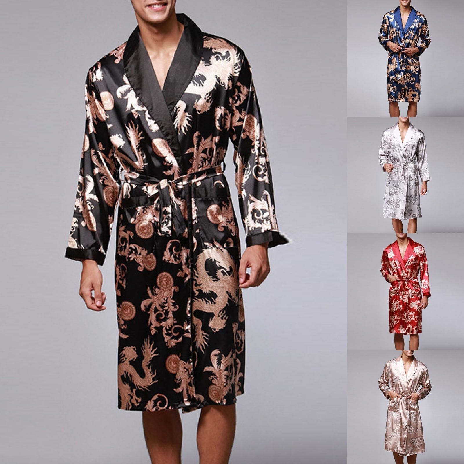 Generisch Albornoz para hombre ligero Dunn Bata de seda pijamas hombre satén corto sauna bata kimono bata de manga larga albornoz pijamas ropa de noche satén camisón albornoz para hombre
