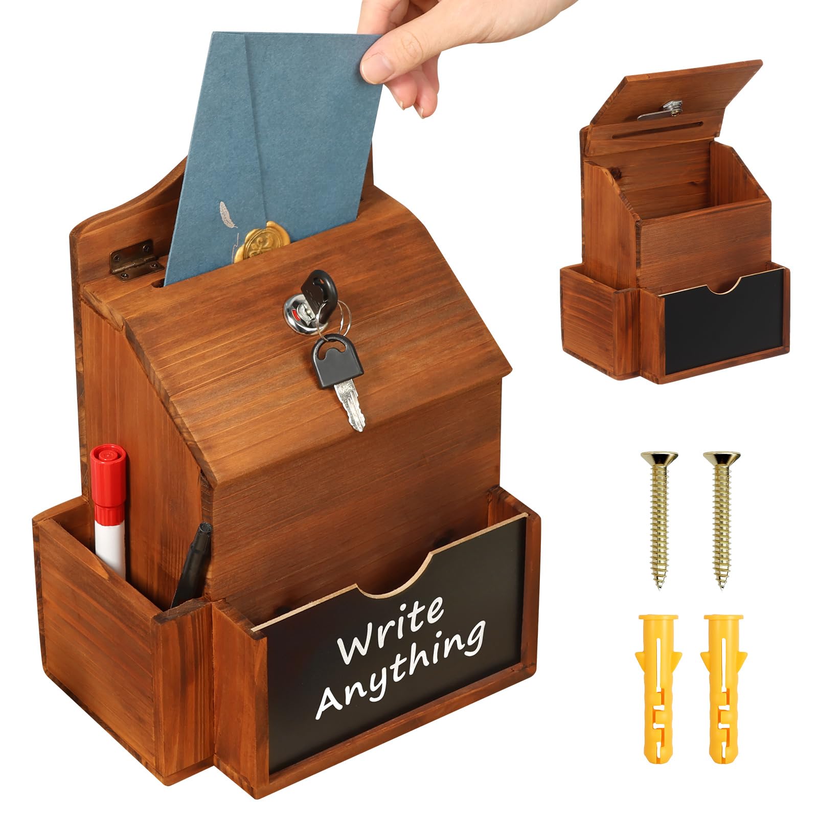 Wooden Suggestion with Chalkboard and Key Lock, Wooden Donation Boxes for Fundraising, Wall Mounted Charity Collection Donation Boxes for Wedding Church & Classroom(Brown)