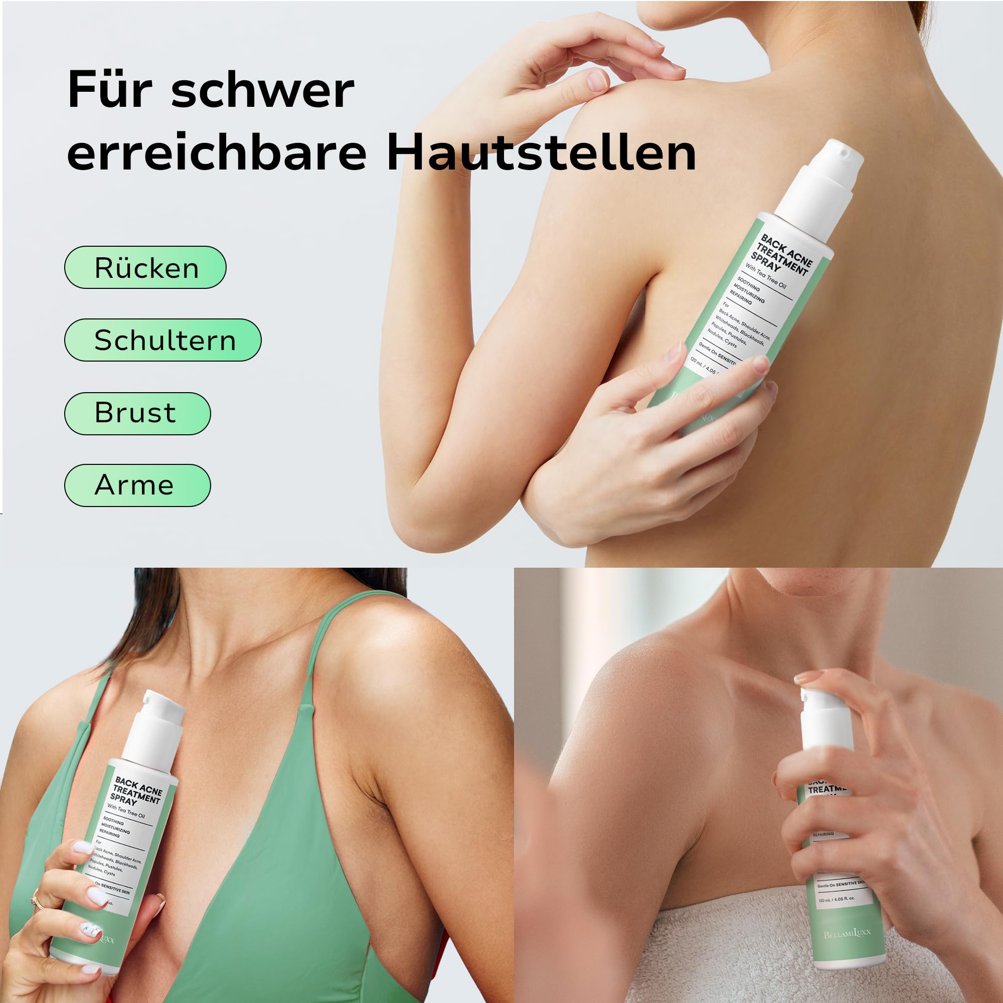 BellamiLuxx 3-stufiges Rücken- & Körper-Aknepflege-Set – Seifenstück, Peeling & Rücken-Spray – Für unreine Haut an Rücken, Brust & Schultern – Hilft bei Pickeln, verstopften Poren & Hautunebenheiten