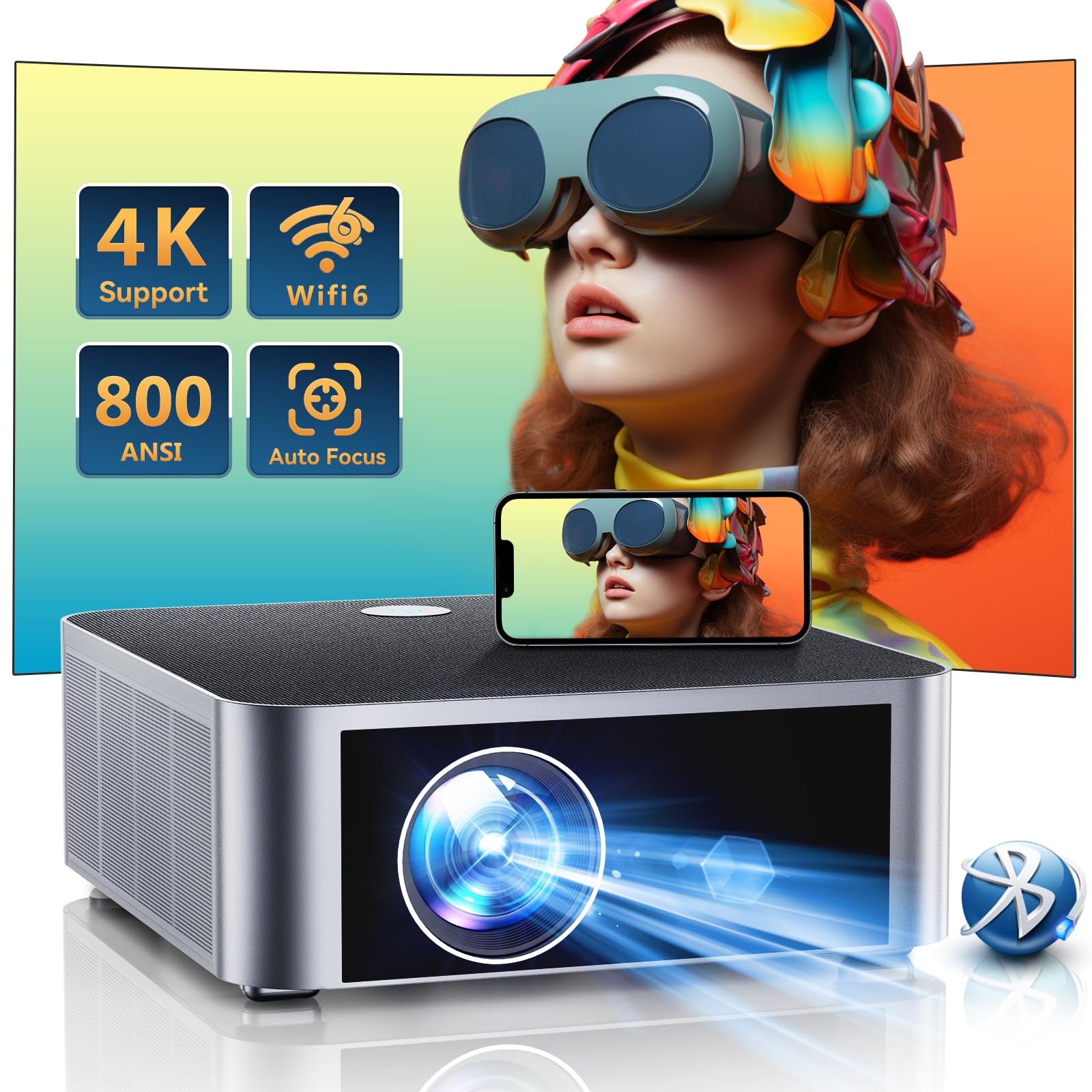Proiettore HYTOBP Y3 Con WiFi 6 E 800 ANSI | Messa A Fuoco Automatica E Keystone 6D | Supporto 4K E Bluetooth 5.2 | Ideale Per Cinema In Casa E Outdoor - 5