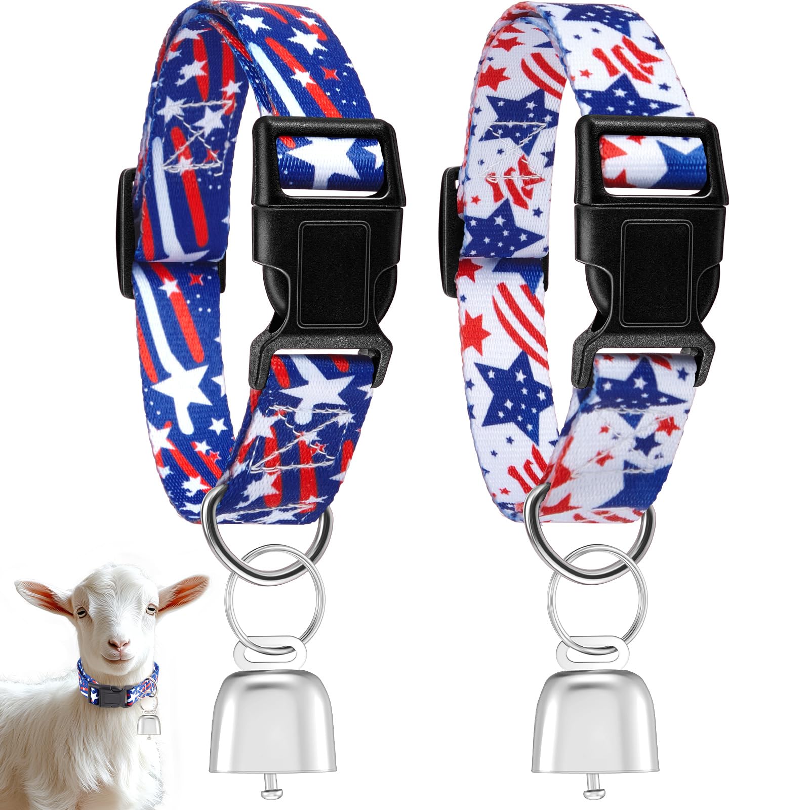 2 Pack Patriotic Goat Collars with Bells, Red White Blue Pattern for Lambs