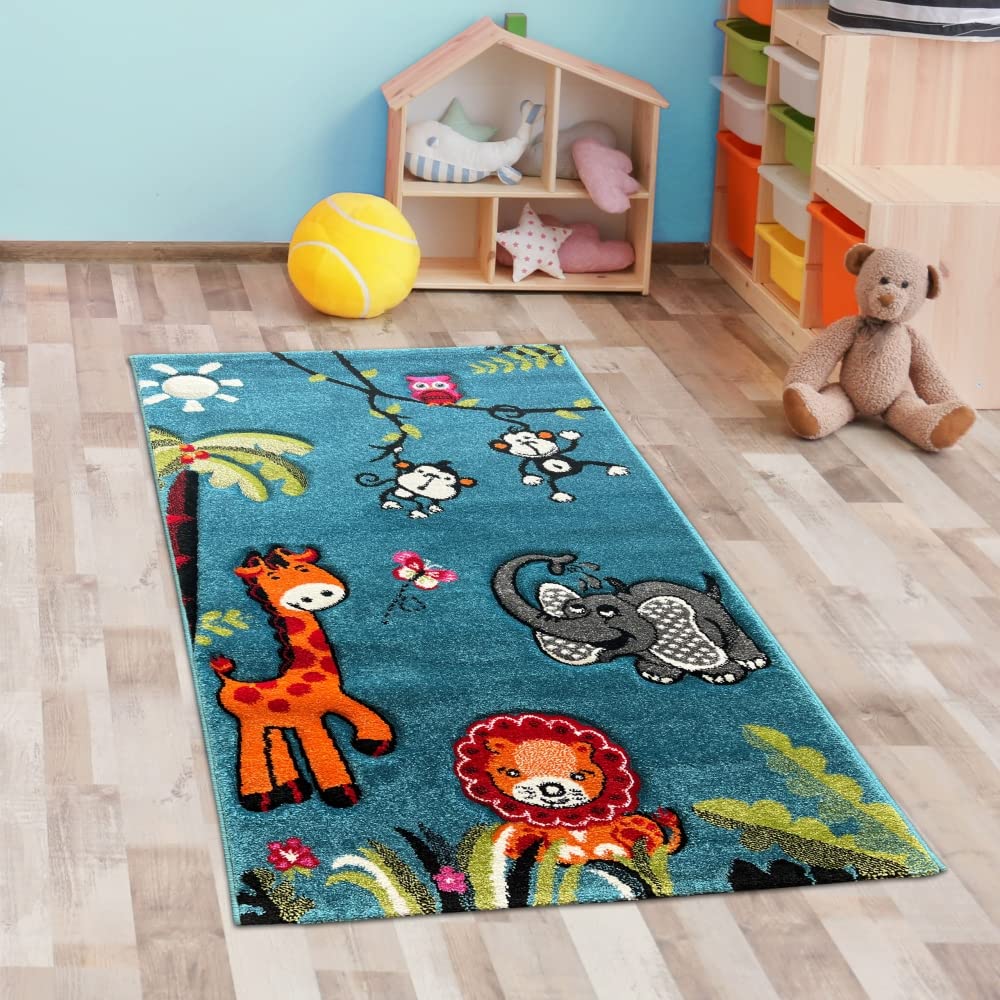 CARPETIA Dywan Zootier do pokoju dziecięcego z efektem 3D, cięcie konturowe, niebiesko-kolorowy, wymiary 160 x 230 cm