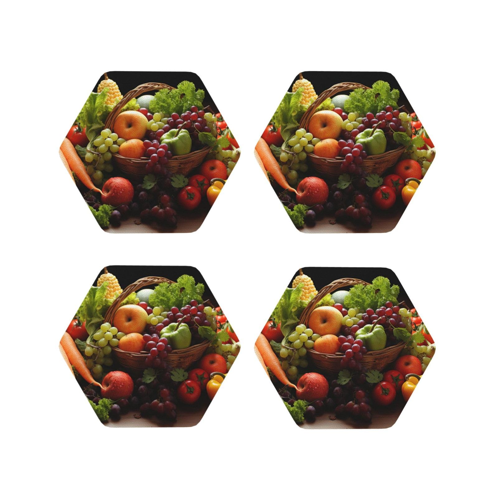 4Pcs PU Leather Coaster for Drinks, Colorful Various Vegetables Cup Coastersr 4" Cup Mat Pad, Aesthetic Drink Coasters for Coffee Table, Hexagon Coaster for Tabletop Protection