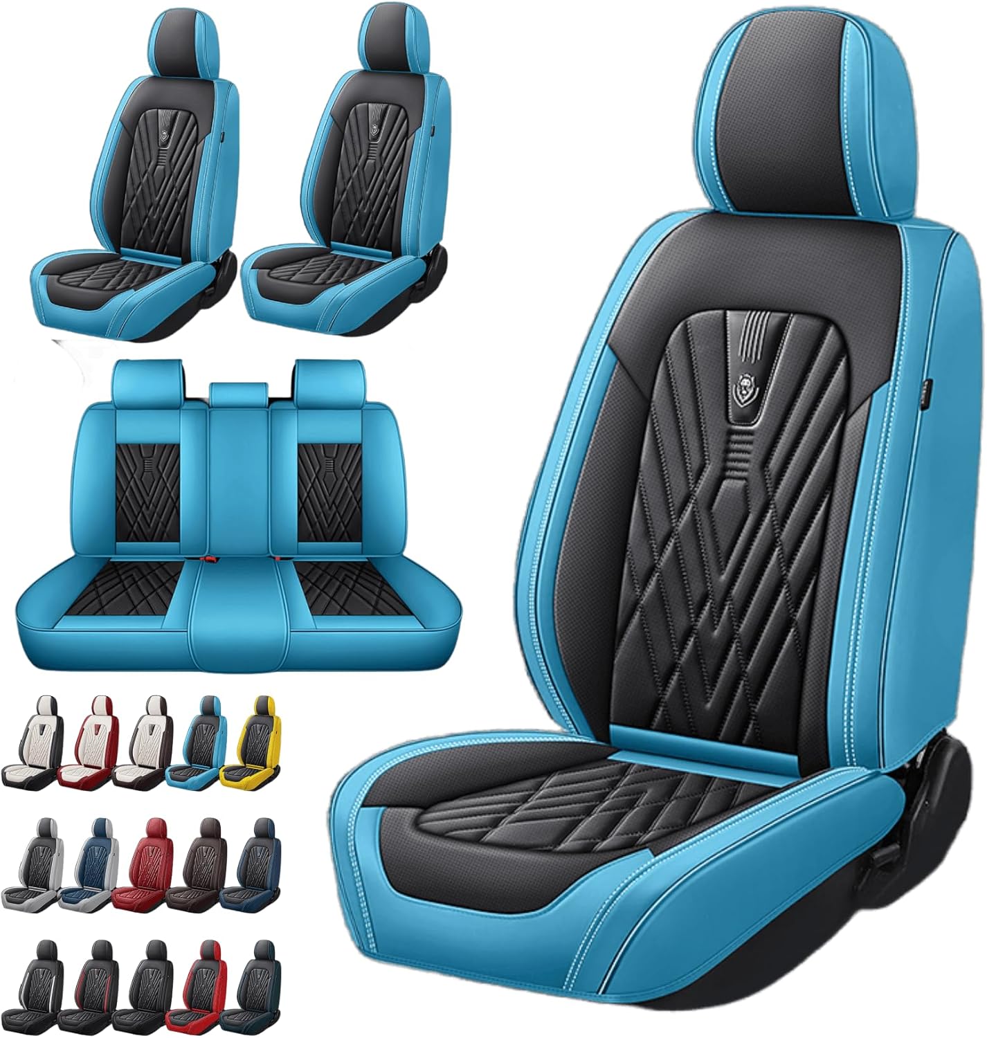 Universal Fit Waterproof Breathable Contrast Color Nappa Leather Auto Vehicle Car Seat Covers Set Cushion Protector for Sedan SUV (Black Light Blue,Full Set 5 Seats)