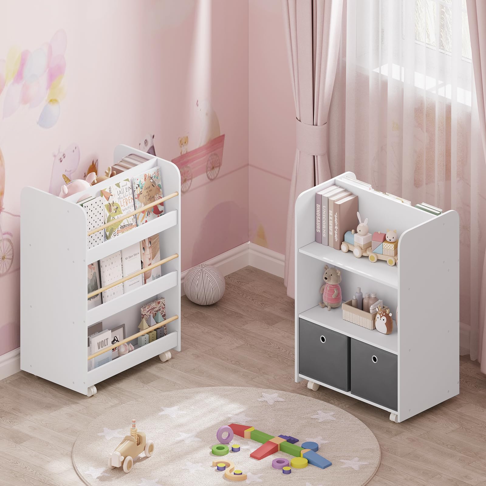 WOLTU Libreria per Bambini con Ruote 2 in 1, Porta Libri e Giocattoli, Libreria a 3 Ripiani e Portagiochi con Scatole e Scomparti Aperti per Camerette, Asili, in Legno, Bianco, 62,5x40x82,5cm