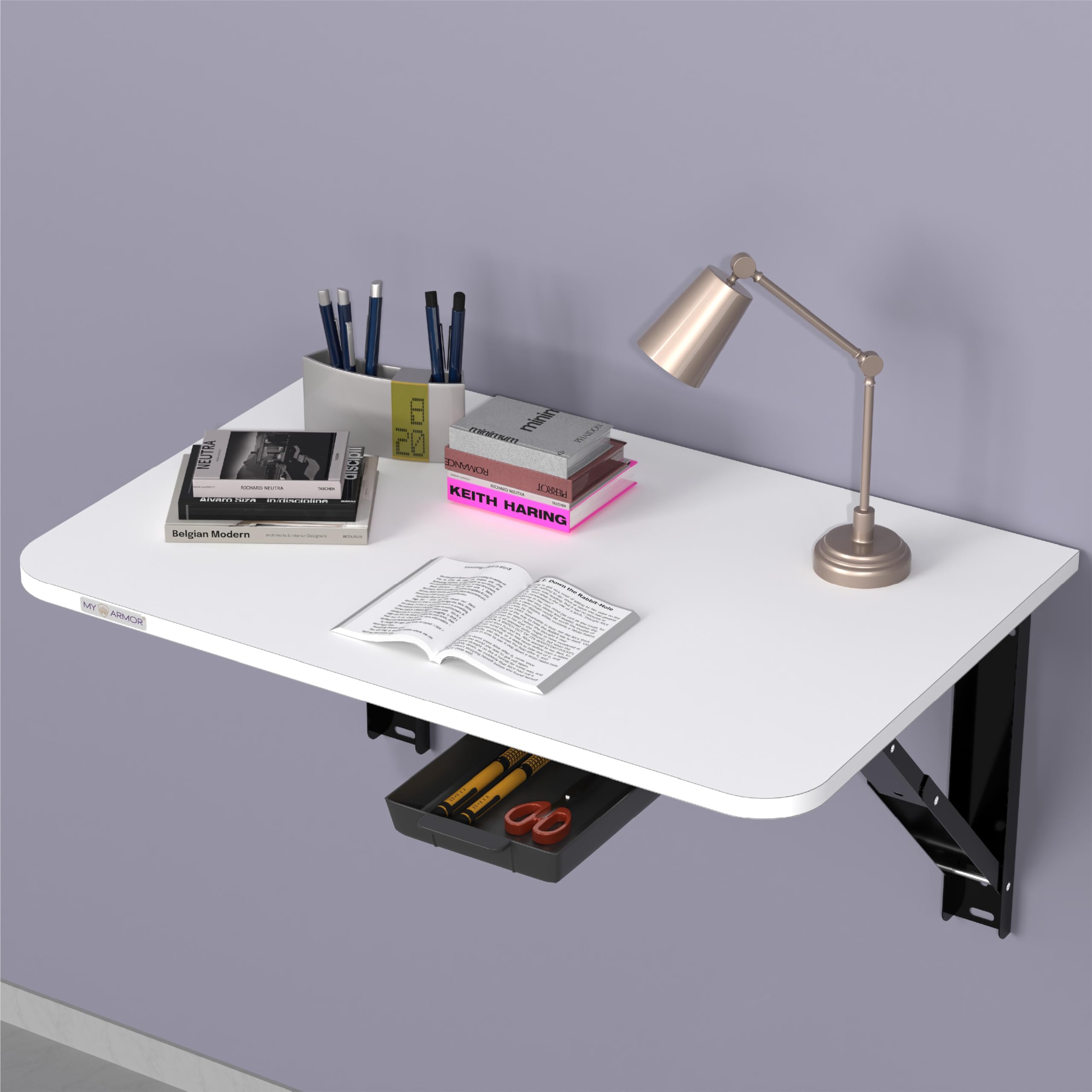 MY ARMOR Wall Mounted Round Corner Folding Wall Study Table with Drawer | Wall Mount Table of Wood | Foldable Laptop Desk for Home and Office Computer - White- 24 x16 Inches